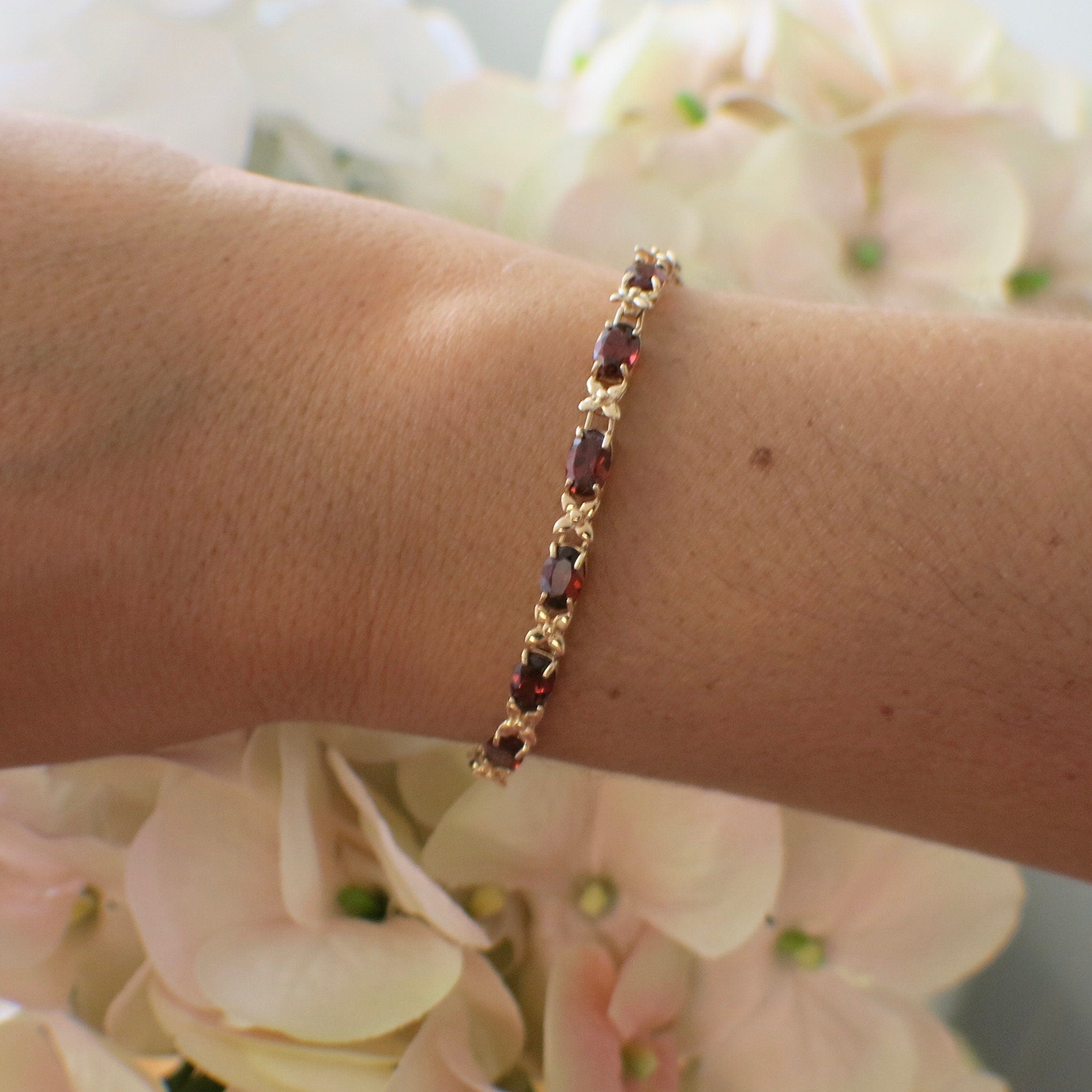 Vintage 10K Yellow Gold Garnet X Tennis Bracelet | 7 Inch January Birthstone Jewelry - Black Market LLC