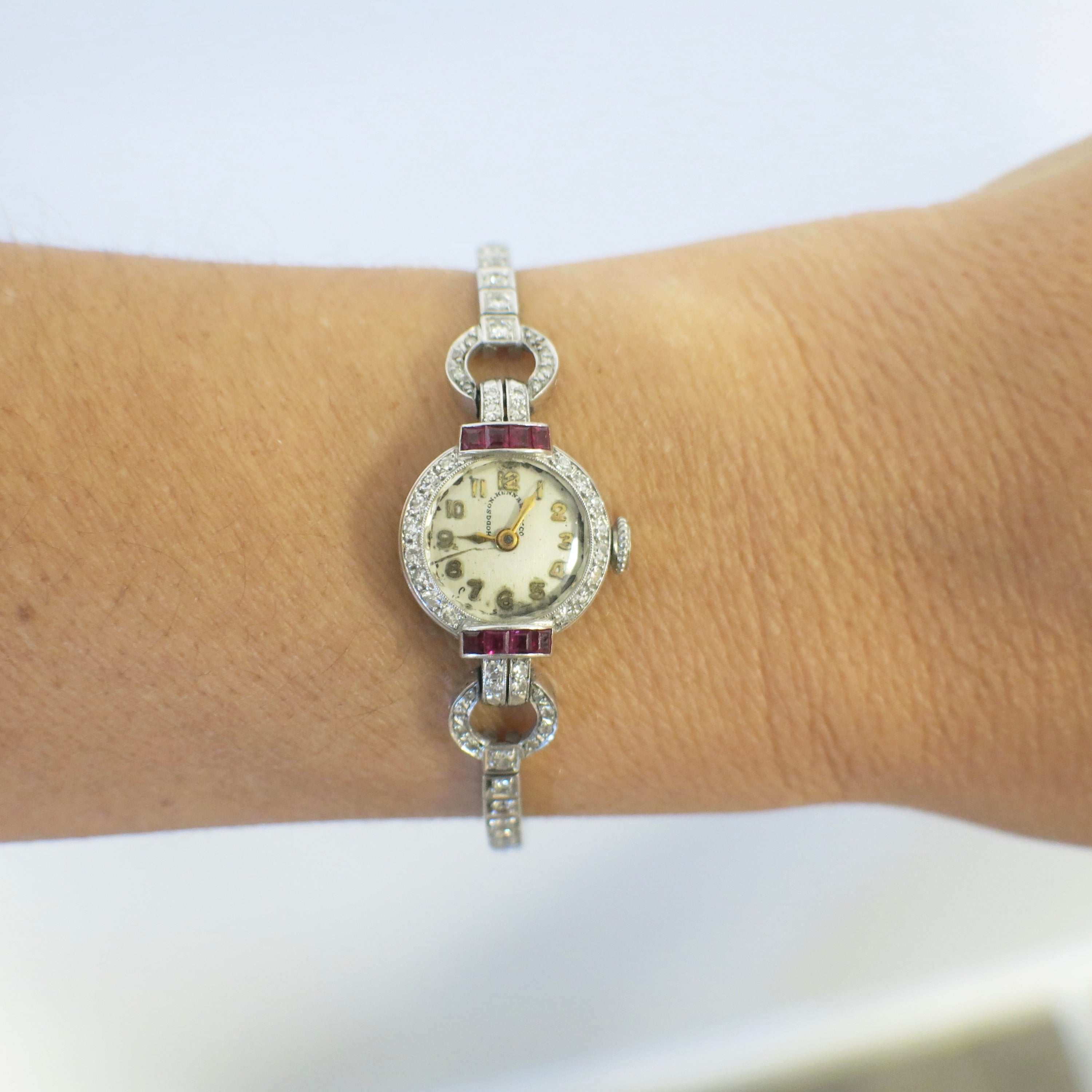 Vintage 1940 Hodgson, Kennard & Co. 14K Gold Ruby and Diamond Watch Bracelet (1.46ctw Diamonds, Natural Rubies, Cresarrow Case, Non-Working) - Black Market LLC