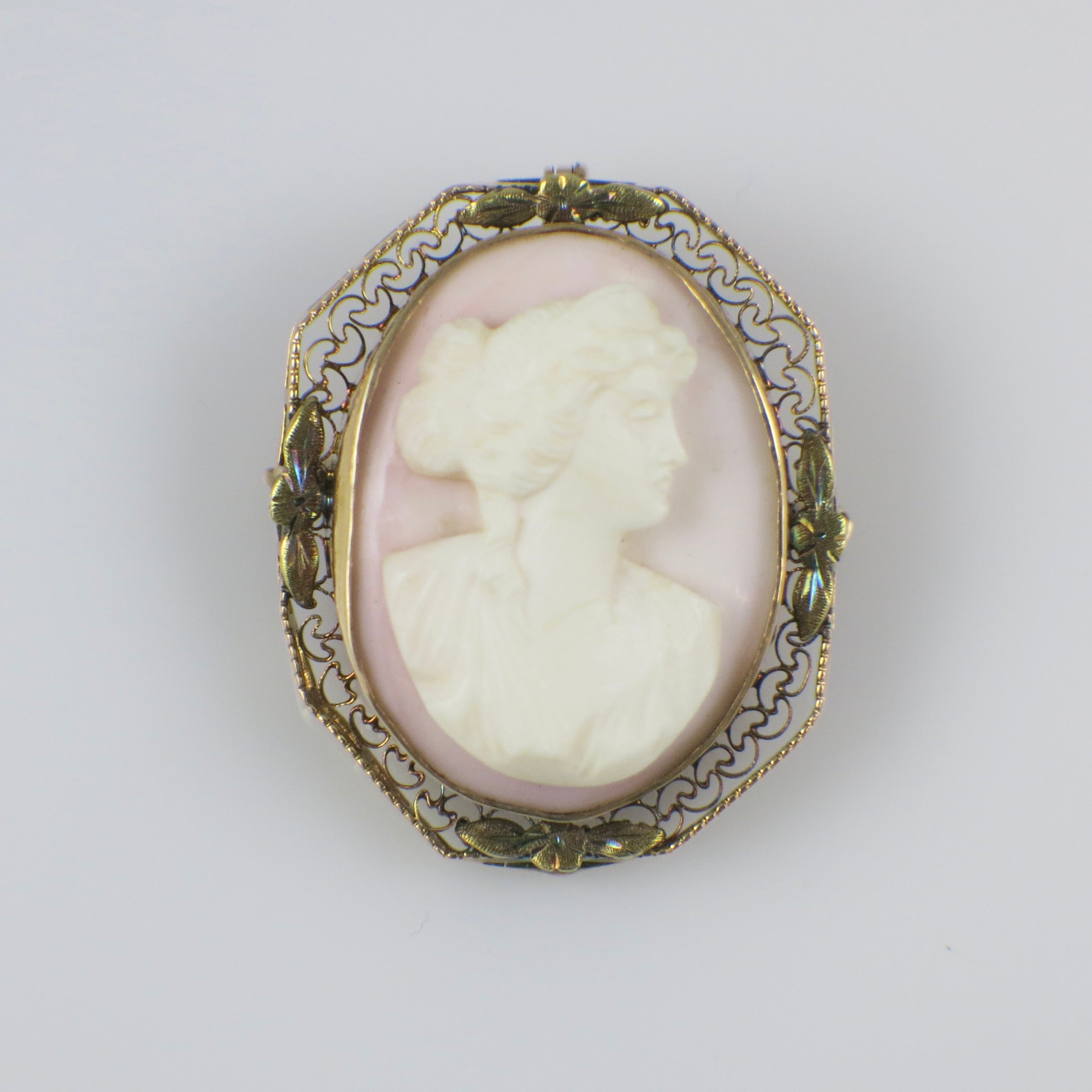 10K Yellow Gold Filigree Cameo Pendant – Vintage Carved Shell Cameo – Antique Style Jewelry - Black Market LLC