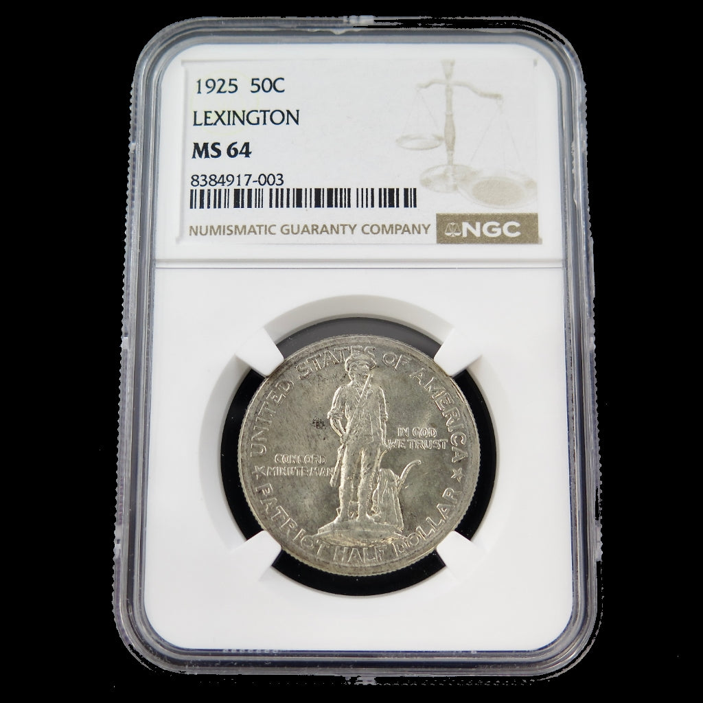 1925 Lexington–Concord Sesquicentennial Half Dollar silver commemorative coin, NGC MS64 grade, showcasing historical design and detail.