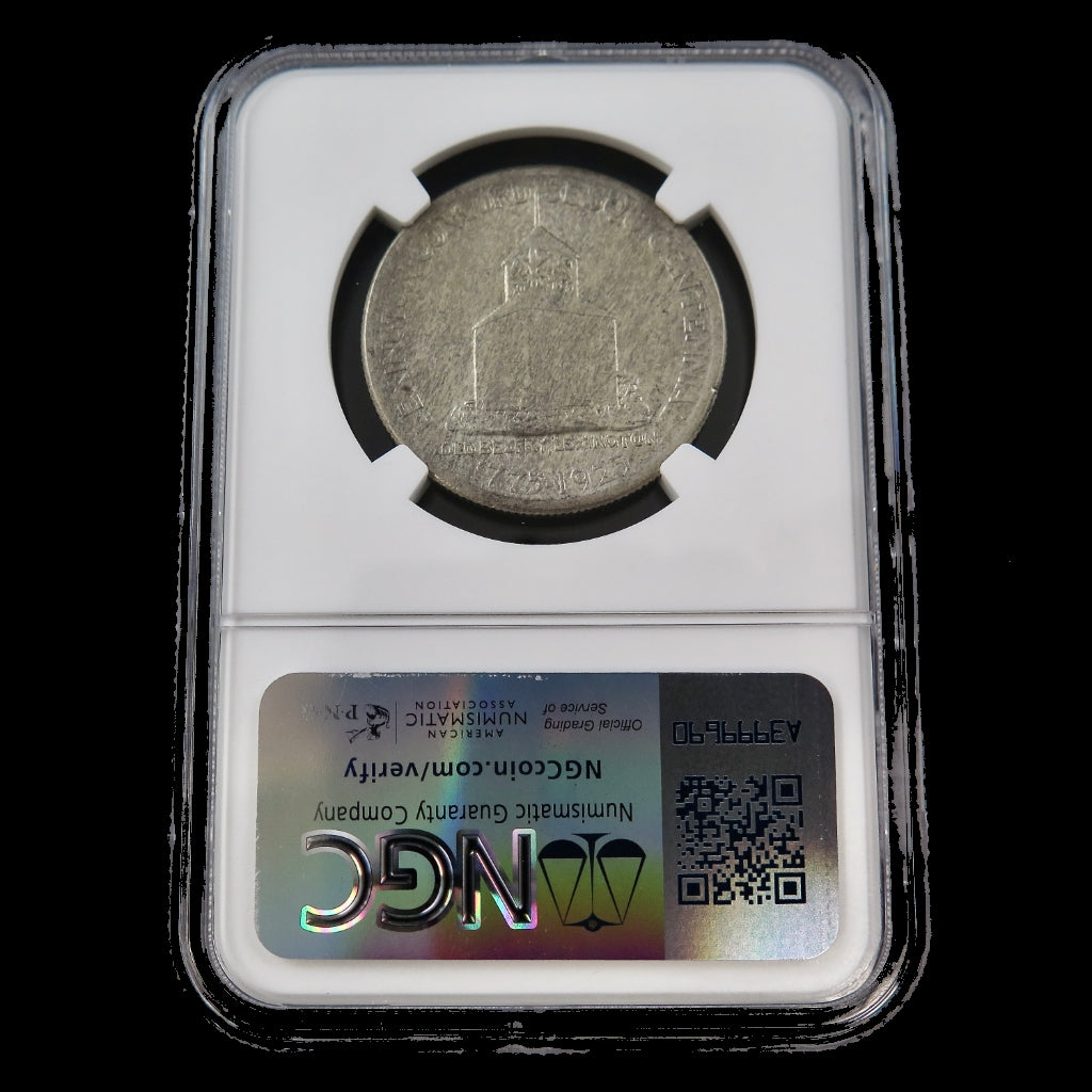 1925 Lexington–Concord Sesquicentennial Half Dollar silver commemorative coin, NGC MS64, showcasing historical design details.