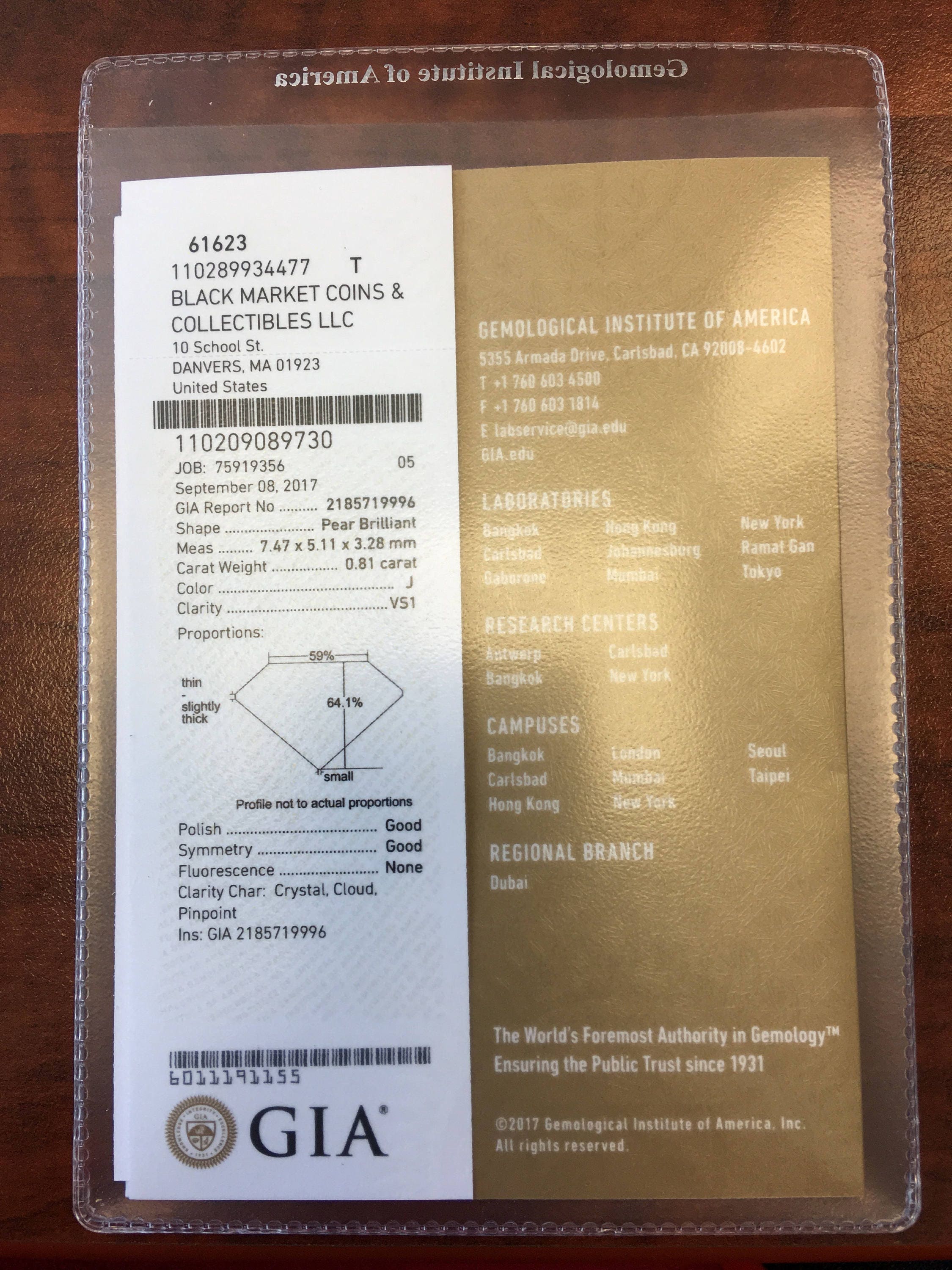 GIA Certified 0.81 CT Pear Cut Diamond – VS1 Clarity, J Color, Loose Stone - Black Market LLC