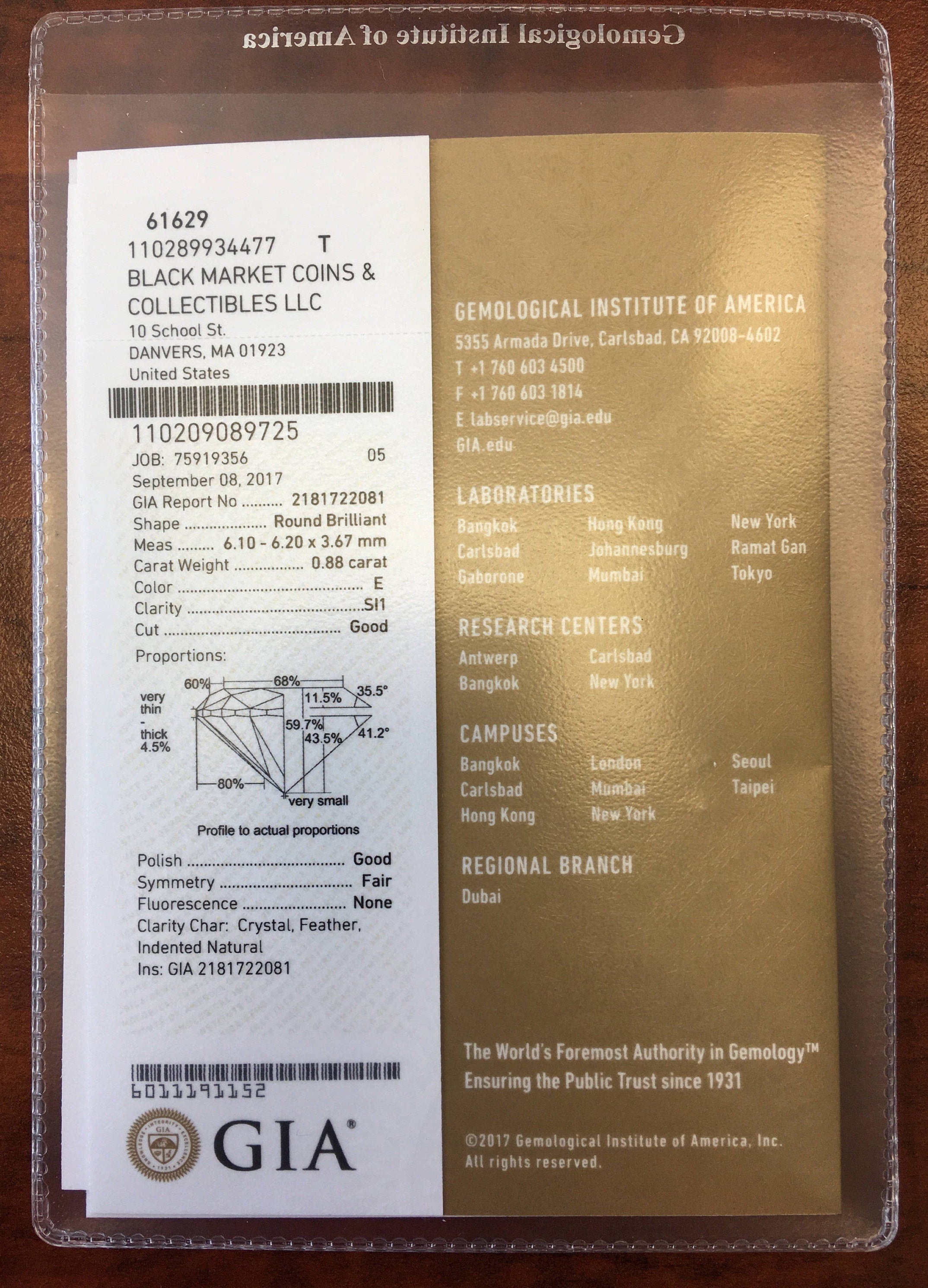 GIA Certified 0.88 CTW round brilliant diamond loose stone in E color, SI1 clarity, from Black Market LLC
