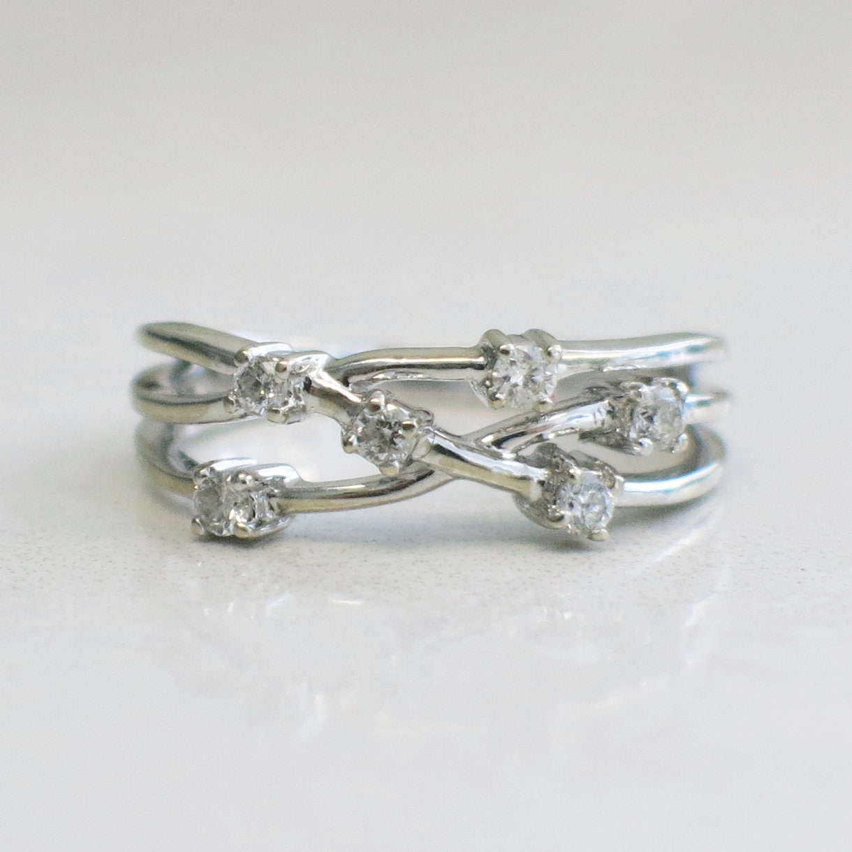 14K White Gold Diamond Branch Ring – Multi-Row Minimalist Stacking Band, Size 6.5 - Black Market LLC