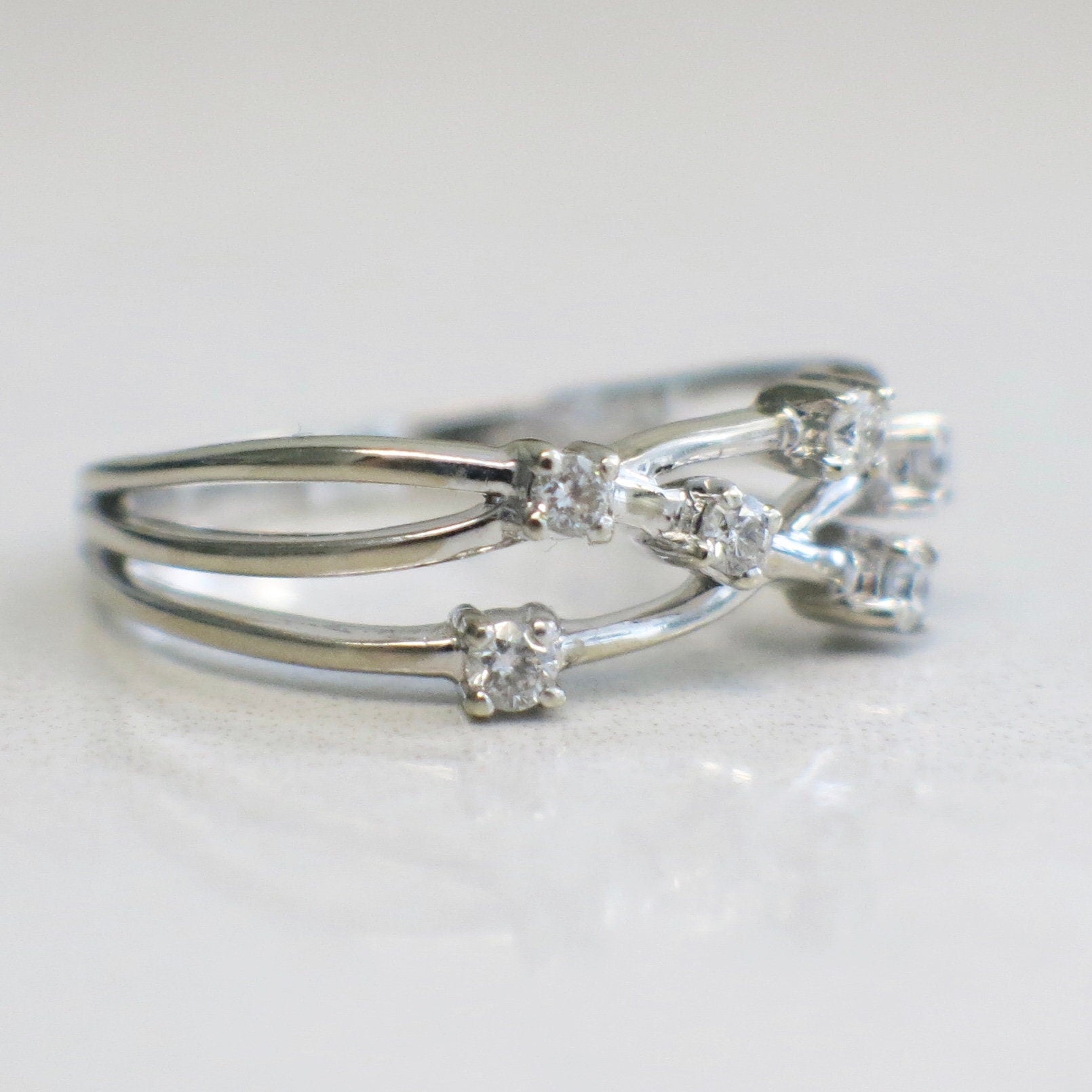 14K White Gold Diamond Branch Ring – Multi-Row Minimalist Stacking Band, Size 6.5 - Black Market LLC