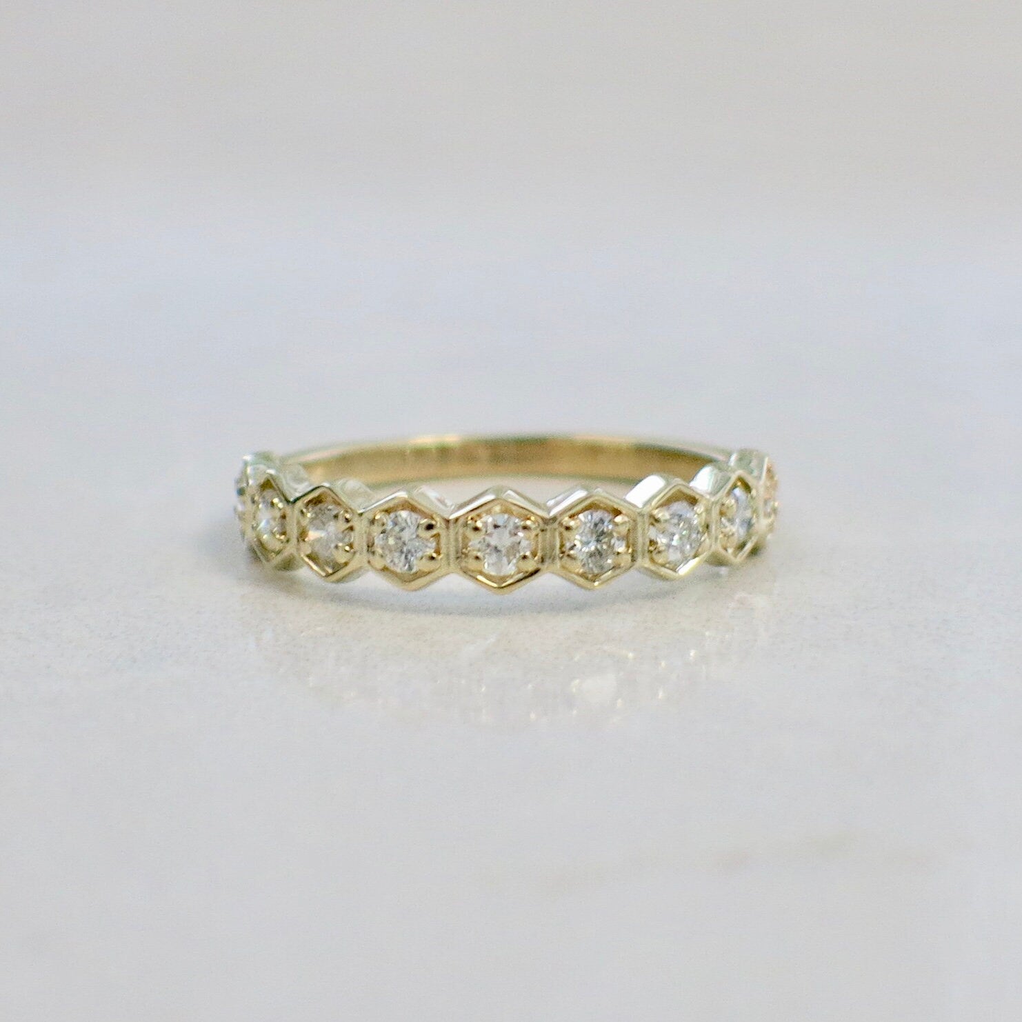 14K yellow gold hexagon diamond wedding band, stackable 4mm geometric ring with sparkling diamonds, by Black Market LLC.