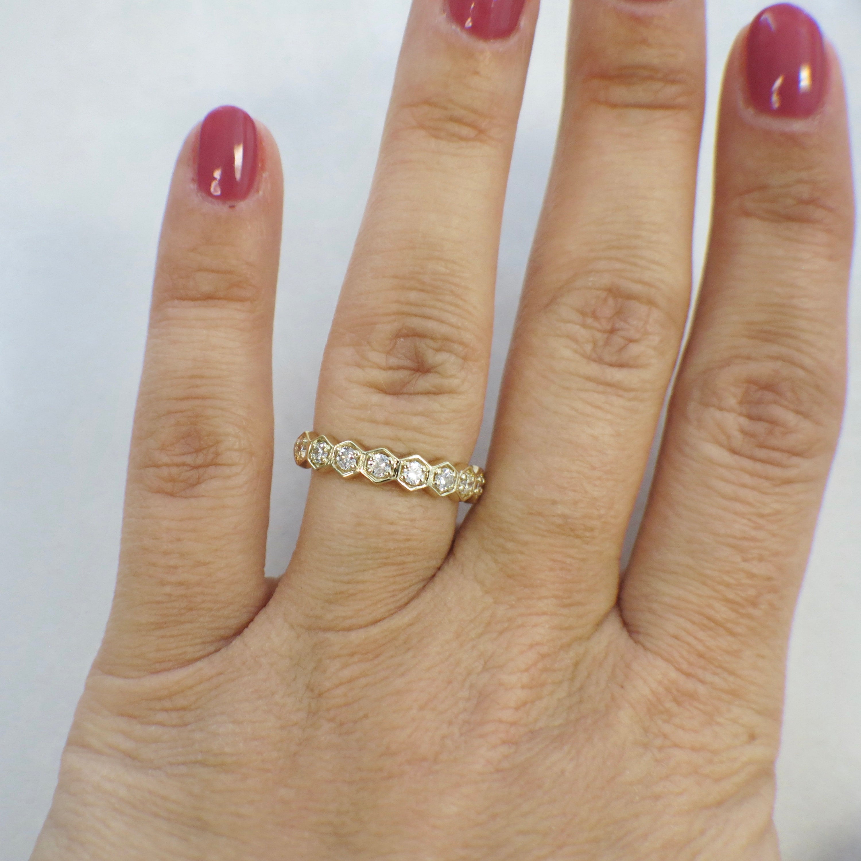 14K yellow gold hexagon diamond wedding band, stackable geometric ring with 4mm width, from Black Market LLC.