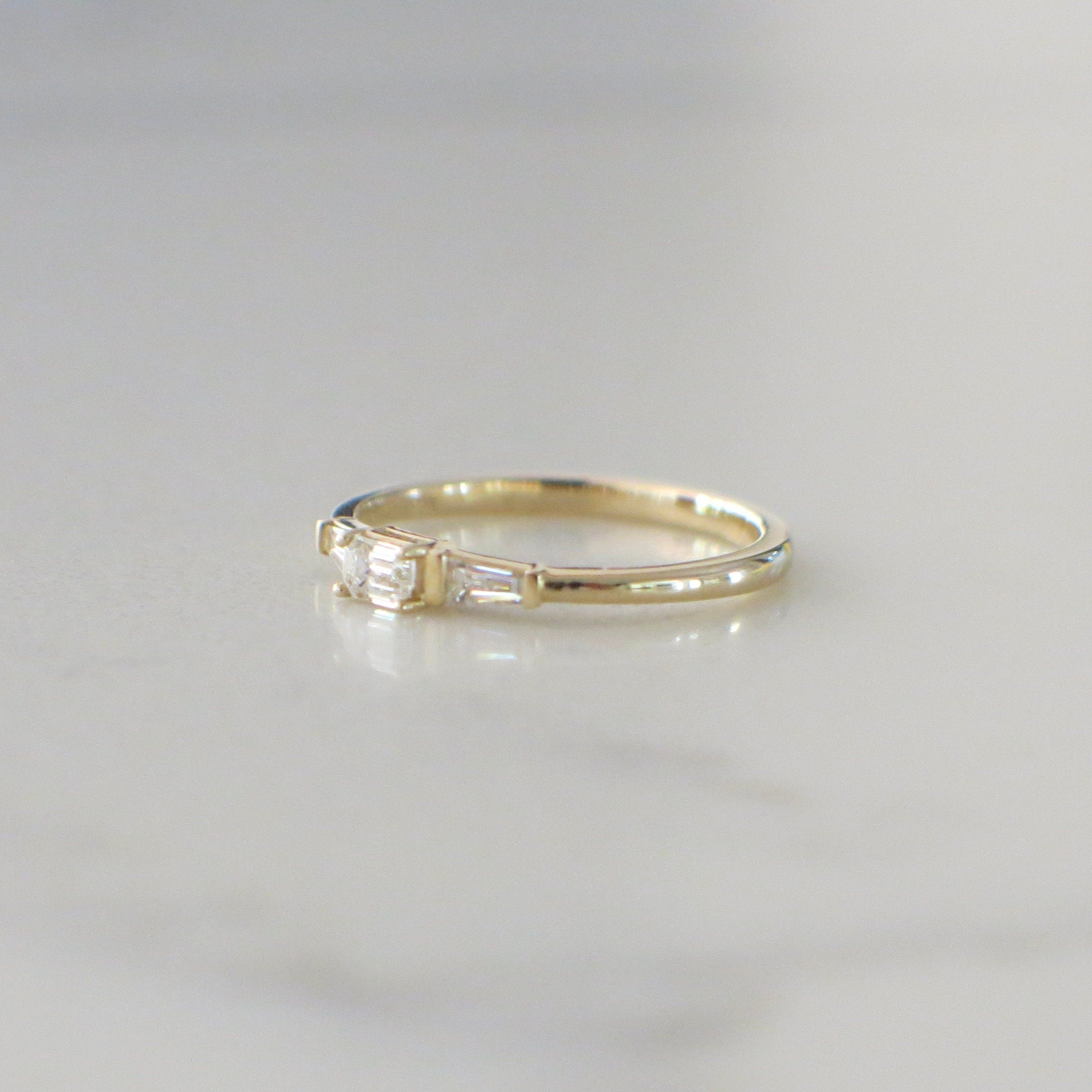 14K Yellow Gold Three Stone Diamond Ring – Emerald Cut, Stackable, Size 7 - Black Market LLC