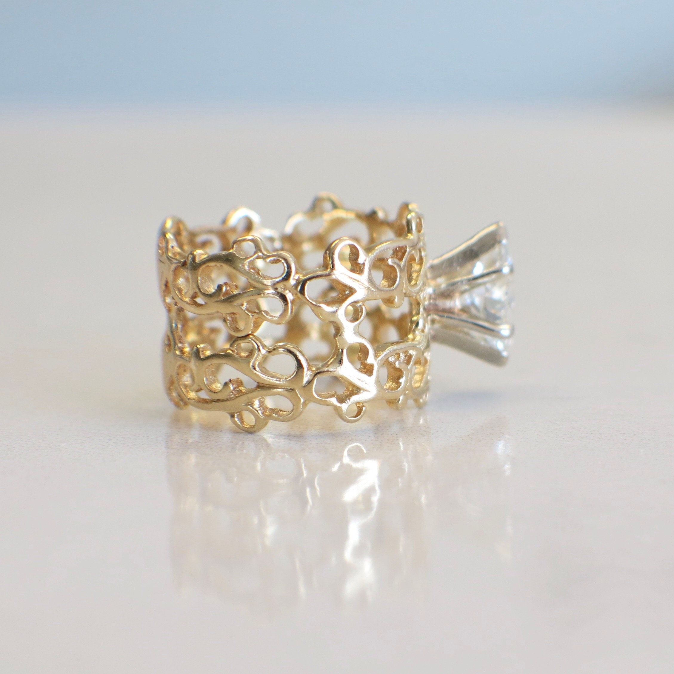 18K Yellow Gold Wide Scroll Band Ring | 1.00 CT Marquise Diamond Solitaire Size 7 - Black Market LLC