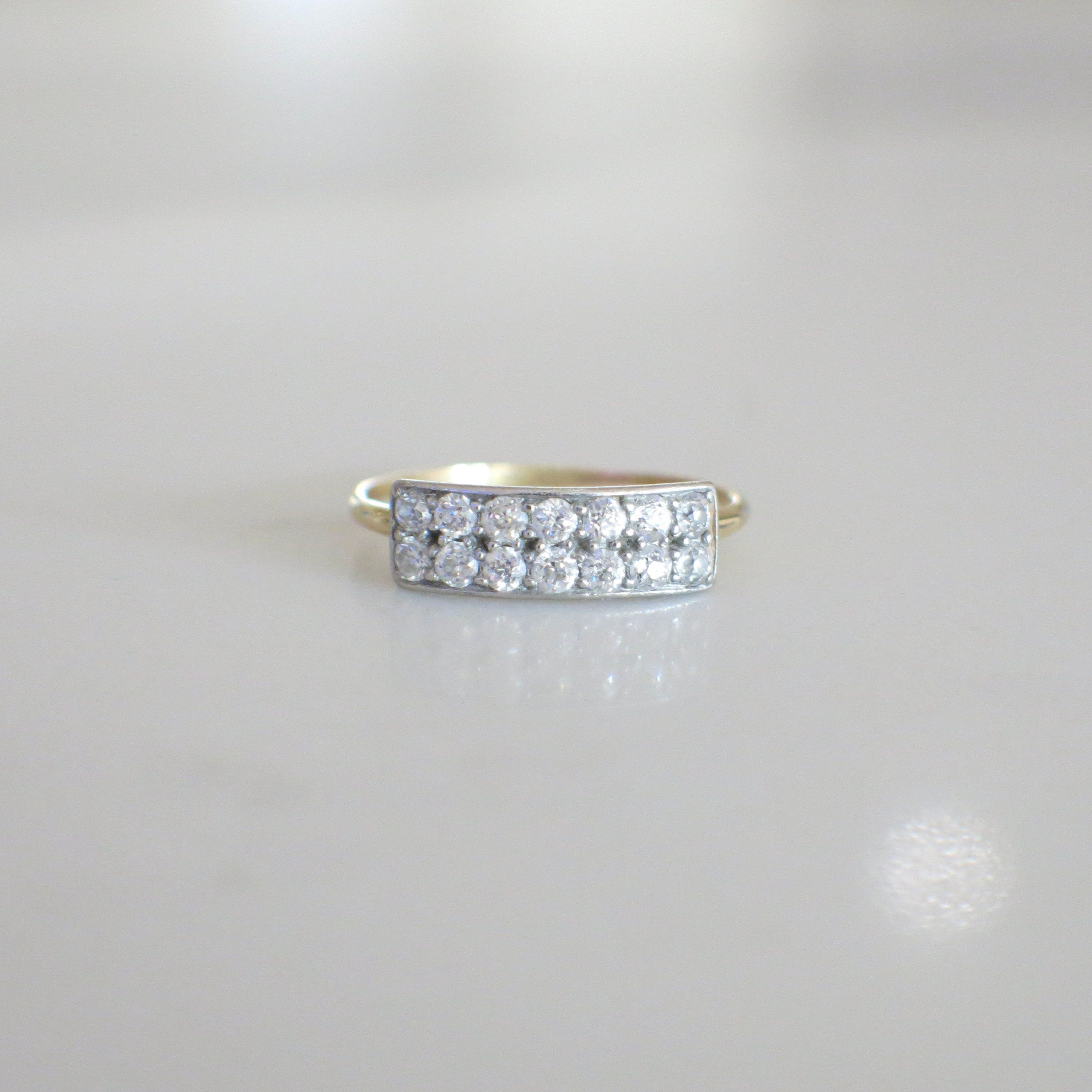 Art Deco Double Row Diamond Ring – 14K Yellow Gold & Platinum, Old European Cut, Size 10.75 - Black Market LLC