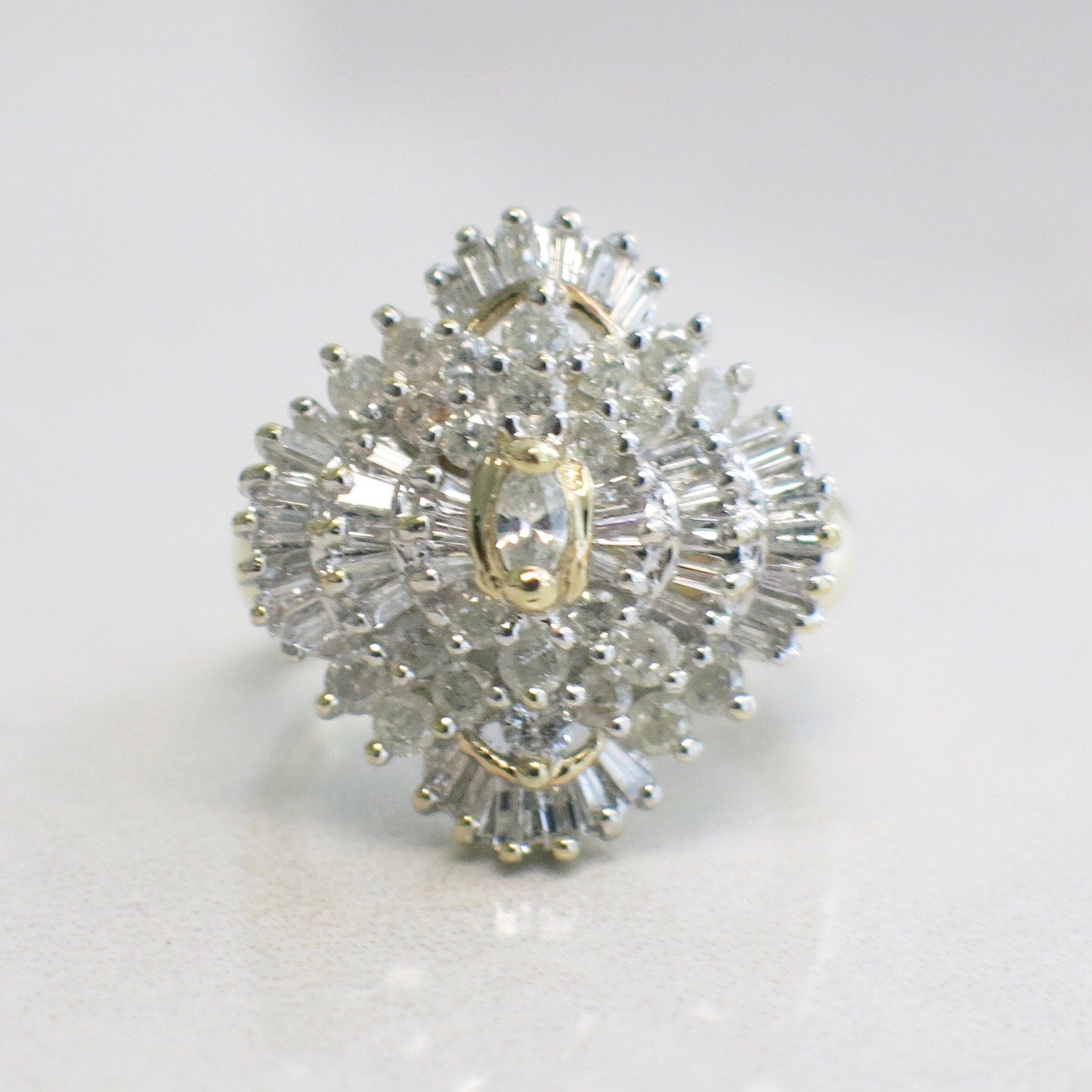 Diamond Cluster Cocktail Ring | 14K Yellow Gold Marquise, Baguette & Round Diamonds 1.16 CTW Size 6.5 - Black Market LLC