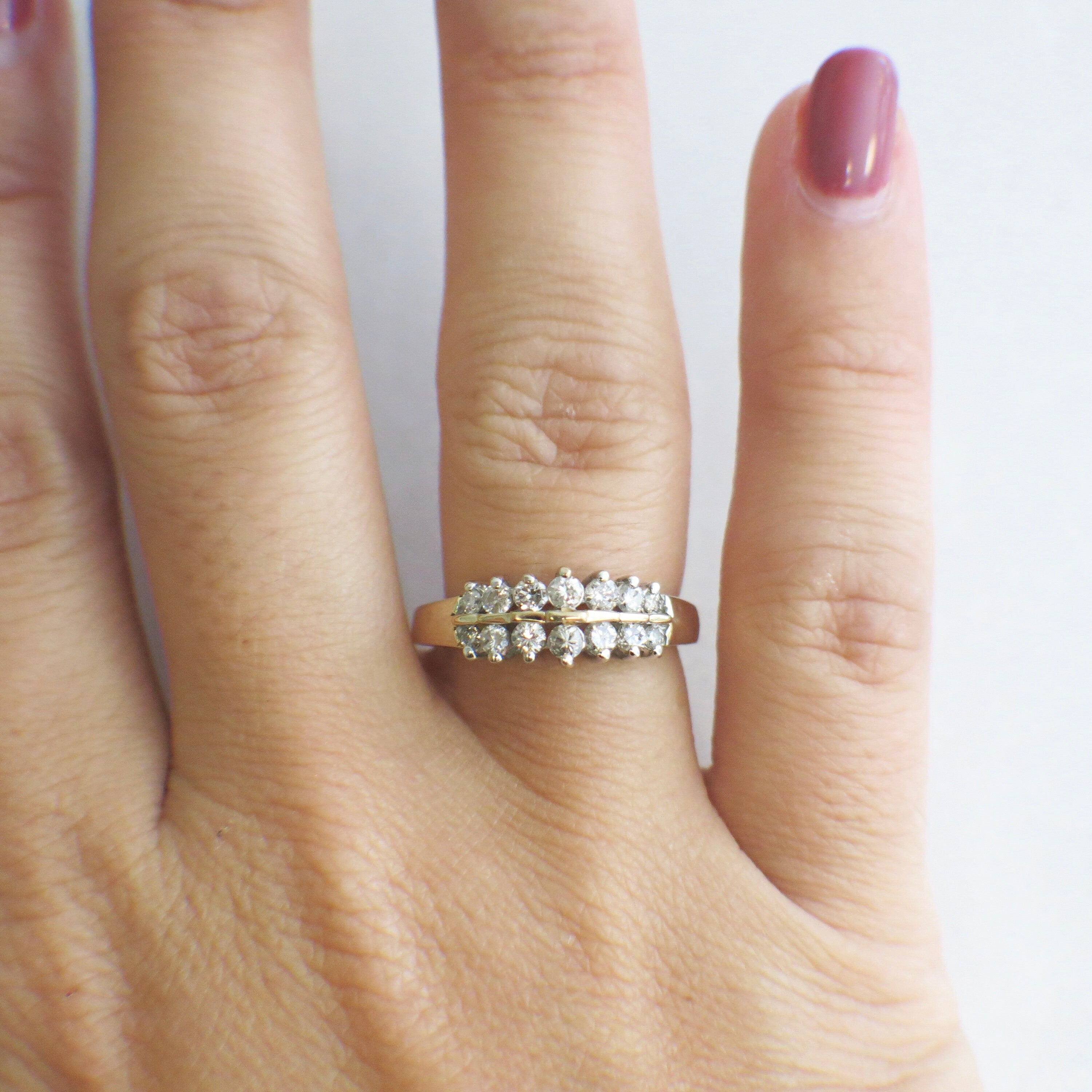 Vintage 14K yellow gold diamond double row ring with graduated band and .36 CTW, size 6.5, by Black Market LLC.