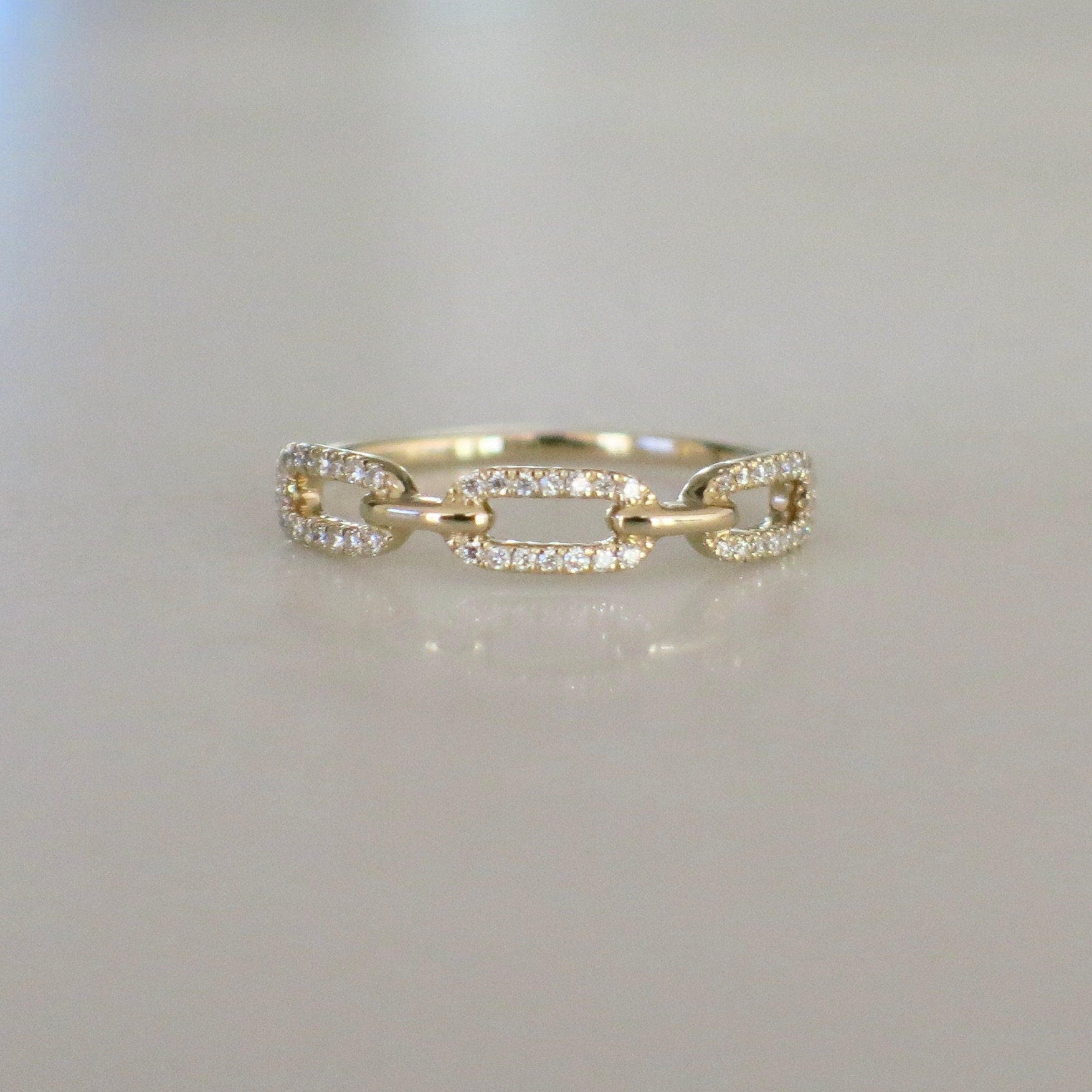 14K Gold Diamond Chain Link Ring | Dainty Stackable Band .16 CTW - Black Market LLC