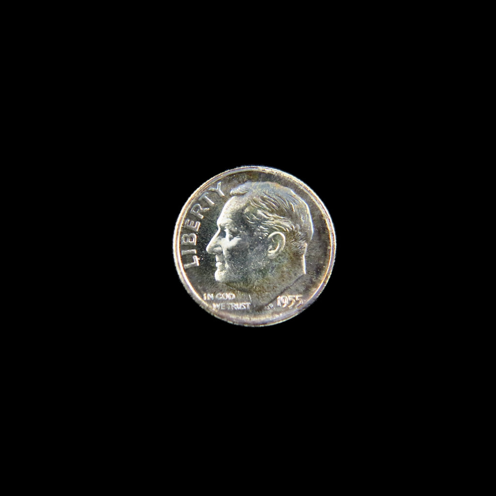 1955 Roosevelt Dime proof coin with nice toning, 90% silver, raw U.S. dime, showcasing detailed obverse and reverse design.