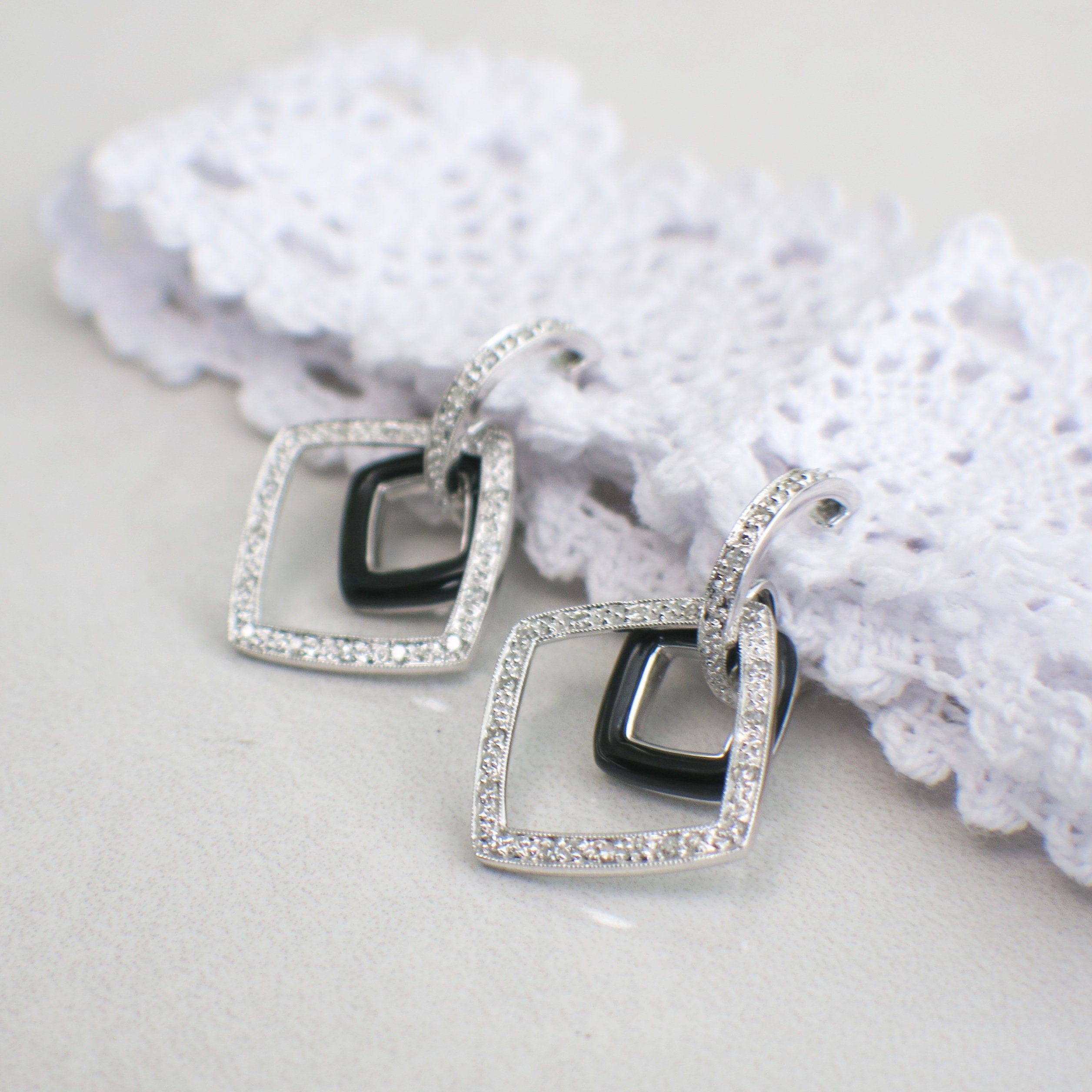14K White Gold Black Enamel & Diamond Dangle Earrings – Art Deco Style, .16 CTW - Black Market LLC