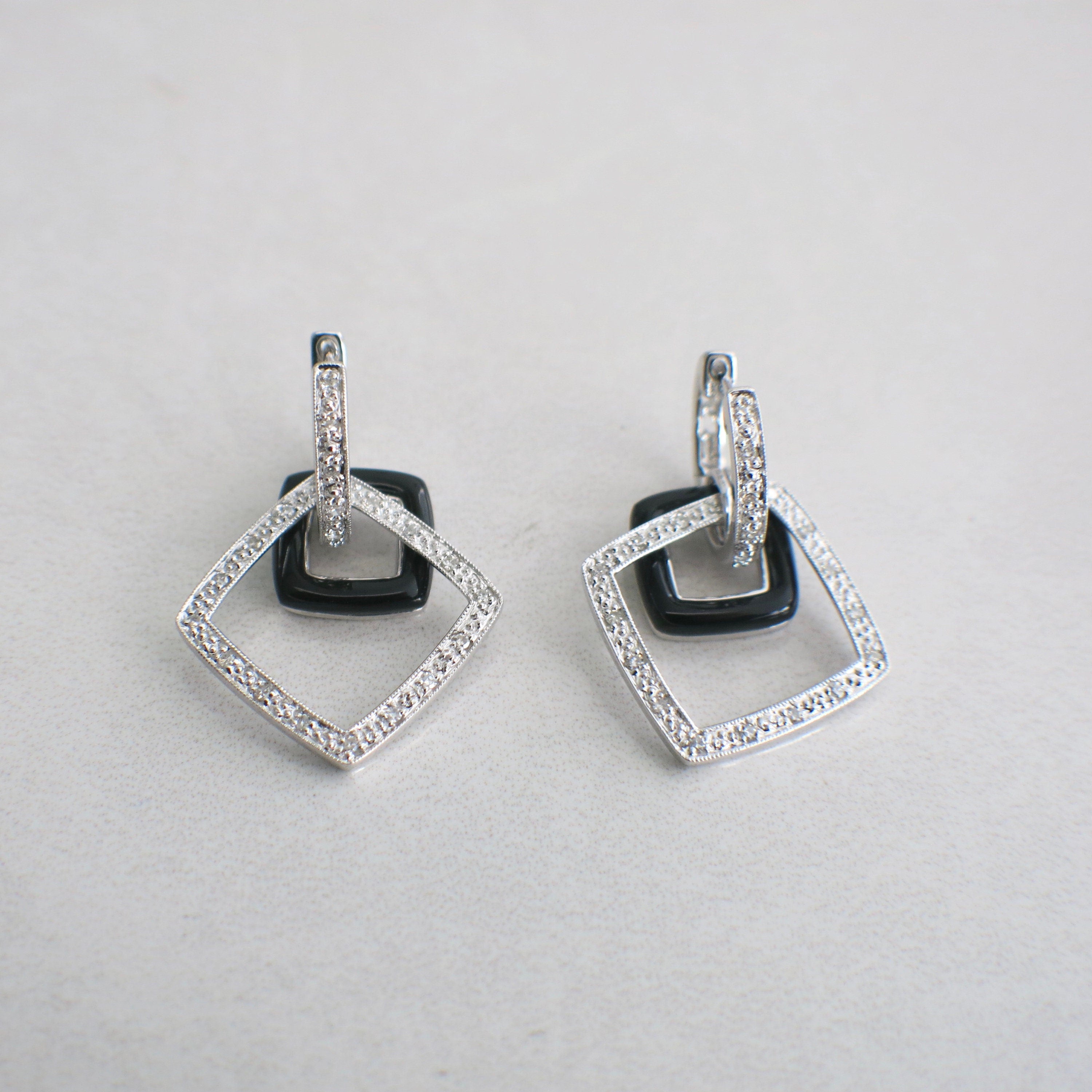14K White Gold Black Enamel & Diamond Dangle Earrings – Art Deco Style, .16 CTW - Black Market LLC