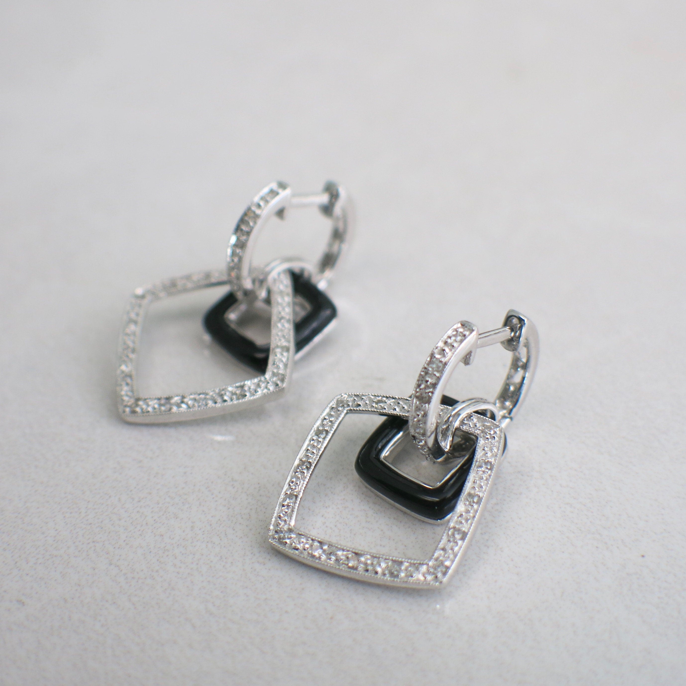 14K White Gold Black Enamel & Diamond Dangle Earrings – Art Deco Style, .16 CTW - Black Market LLC