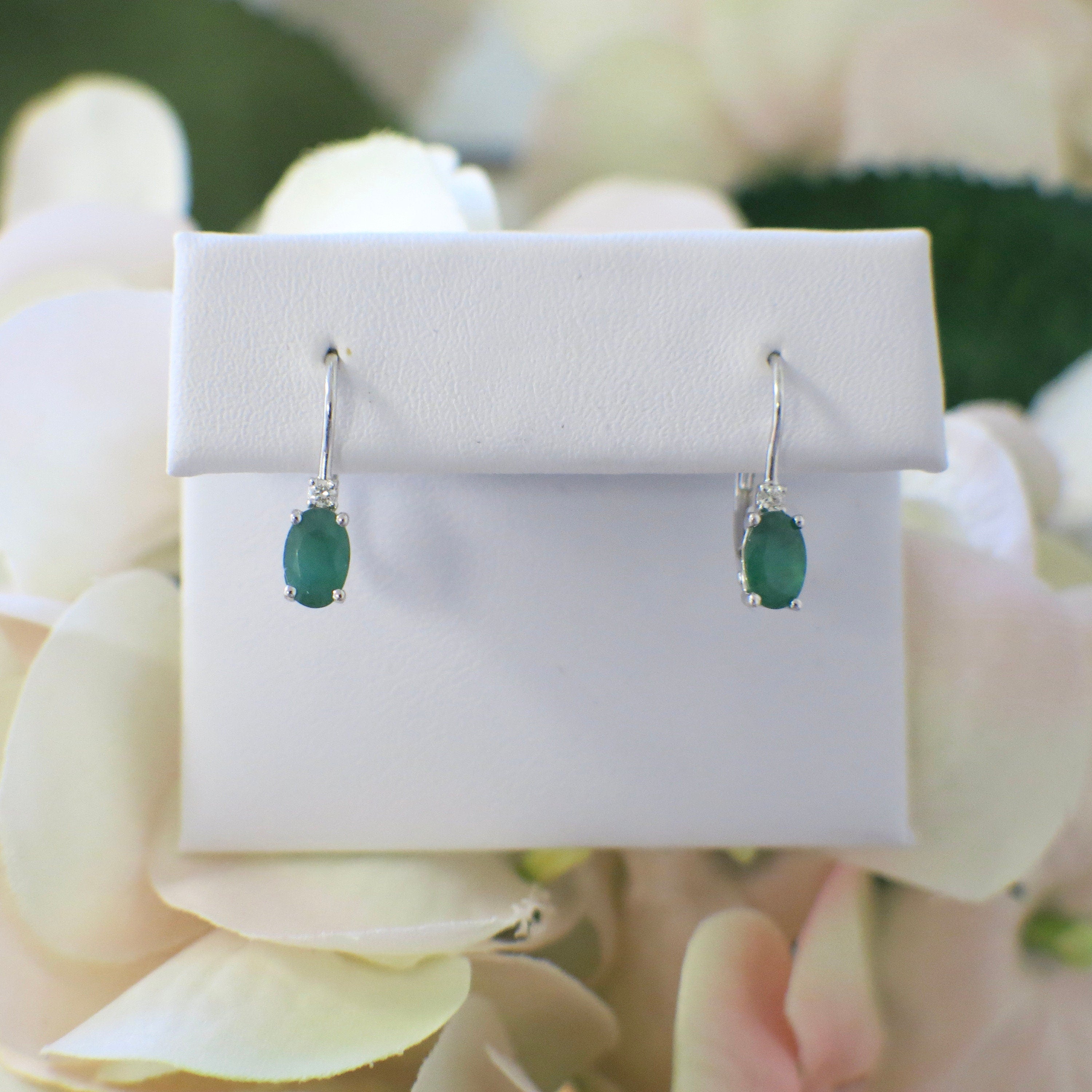 14K White Gold Emerald & Diamond Drop Earrings | Oval Emerald May Birthstone - Black Market LLC