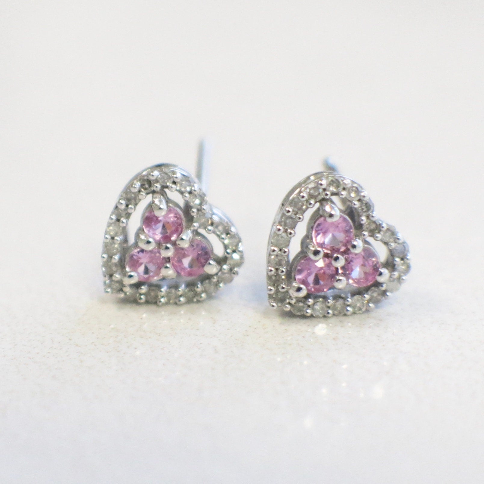 14K White Gold Pink Sapphire & Diamond Heart Earrings – Cluster Halo, Valentine’s Jewelry - Black Market LLC