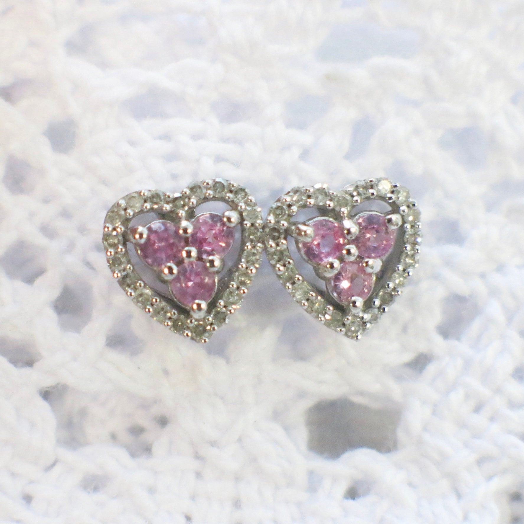 14K white gold pink sapphire and diamond heart earrings with cluster halo design, elegant Valentine's jewelry by Black Market LLC