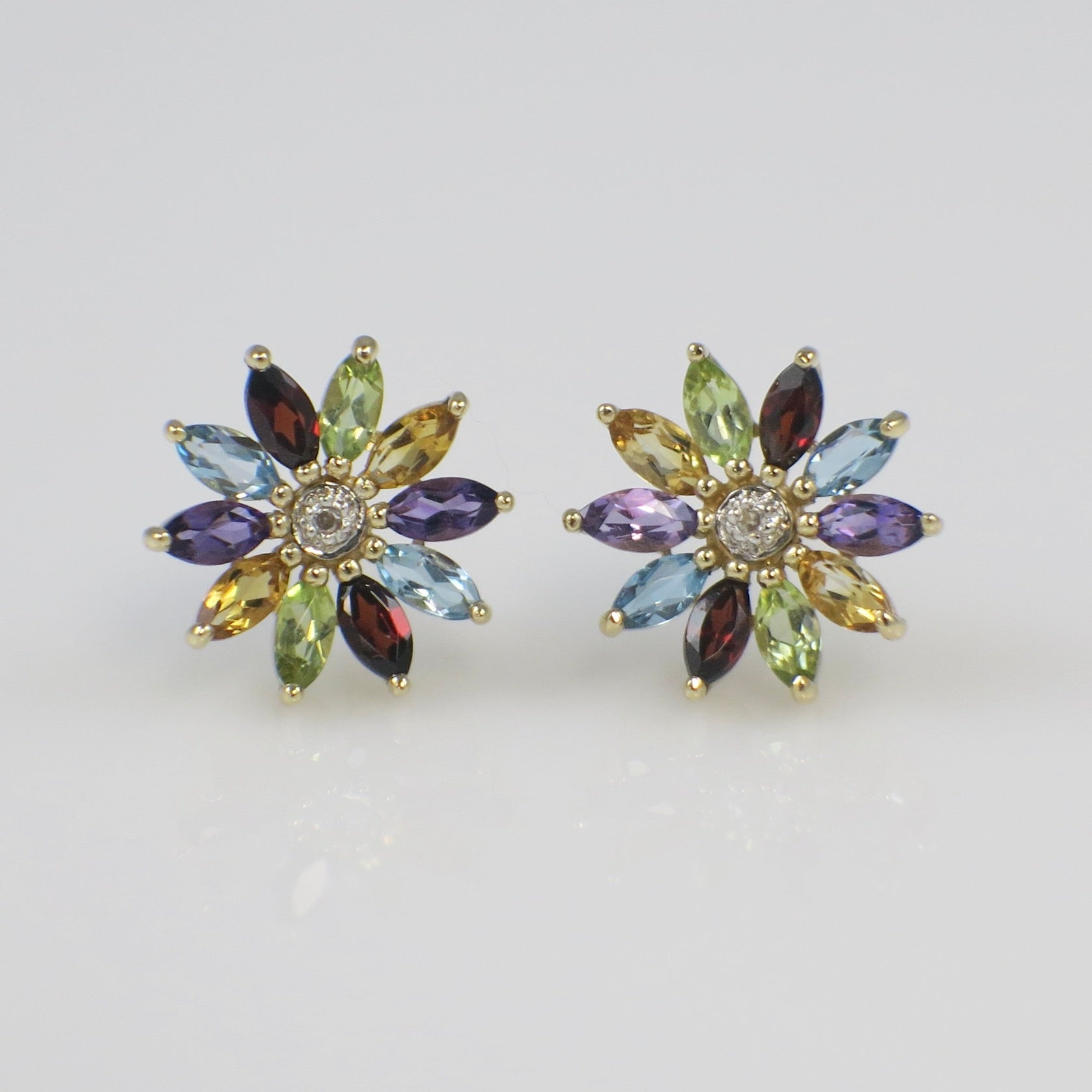 14K Yellow Gold Multi-Gemstone and Diamond Stud Earrings (Amethyst, Peridot, Citrine, Topaz, Garnet – Matching Pendant Design) - Black Market LLC