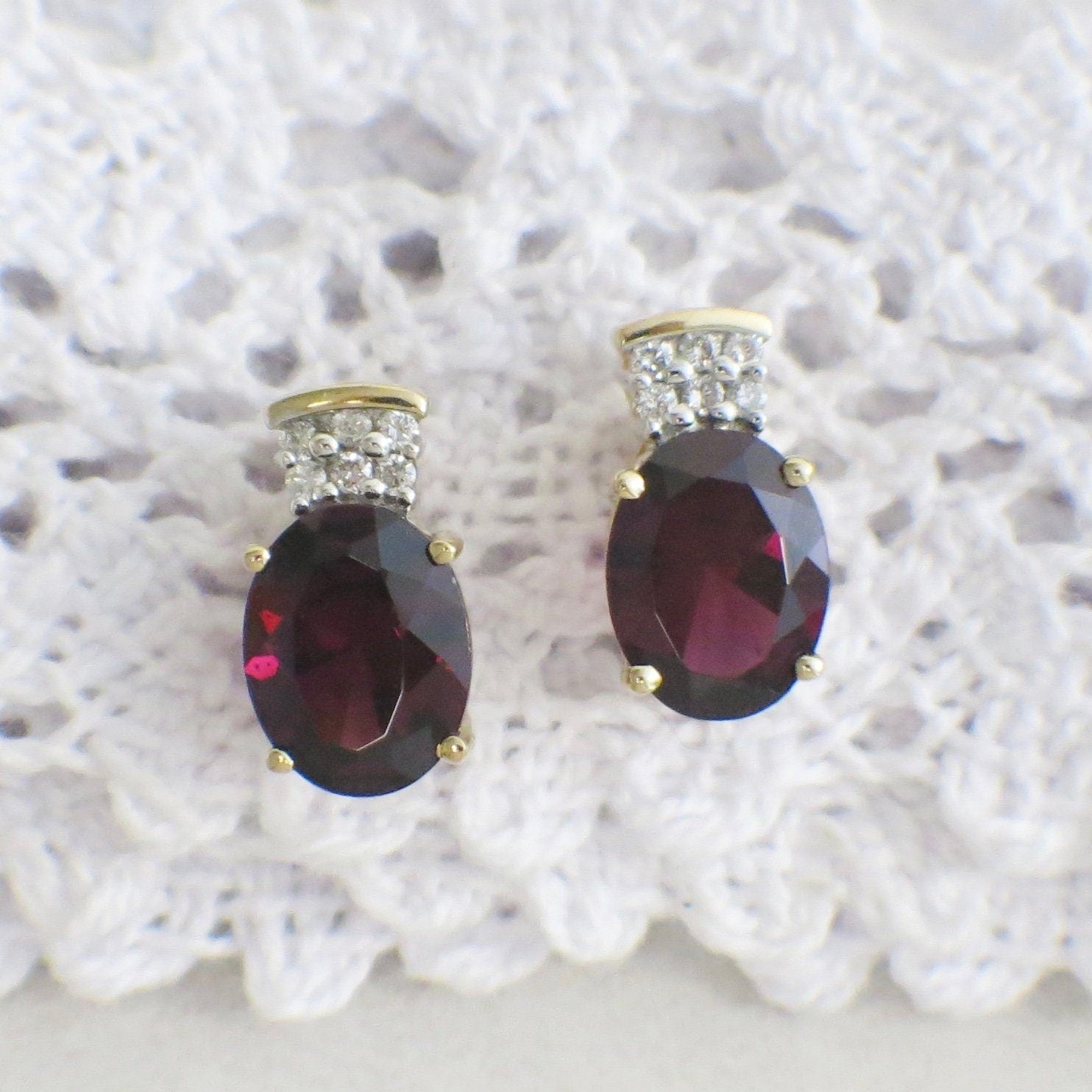 14K Yellow Gold Oval Rhodolite Garnet and Diamond Stud Earrings - Black Market LLC