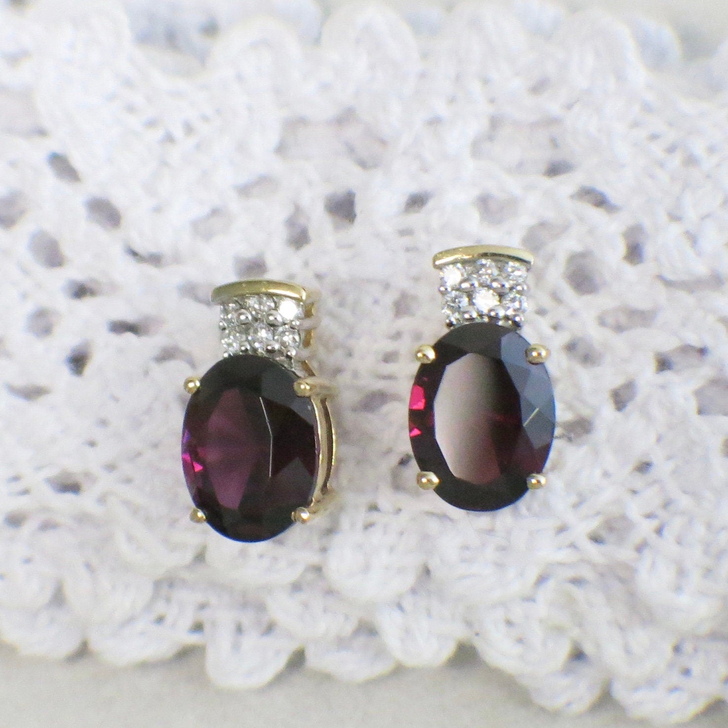 14K Yellow Gold Oval Rhodolite Garnet and Diamond Stud Earrings - Black Market LLC