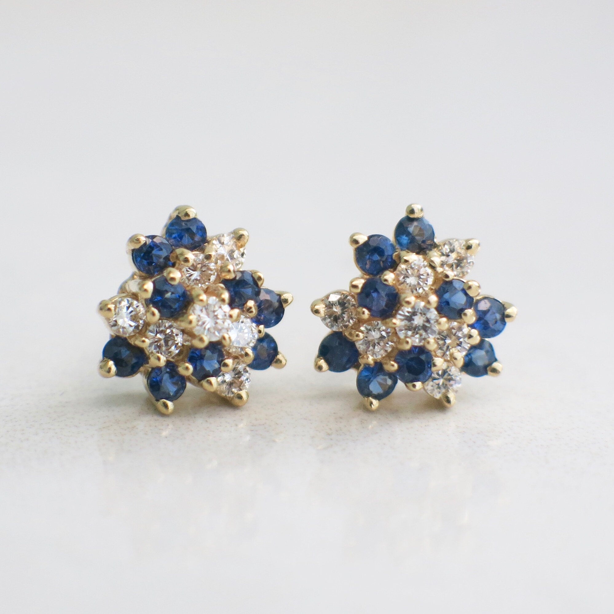 14K Yellow Gold Sapphire & Diamond Cluster Earrings | Vintage Floral Studs with Threaded Backs - Black Market LLC