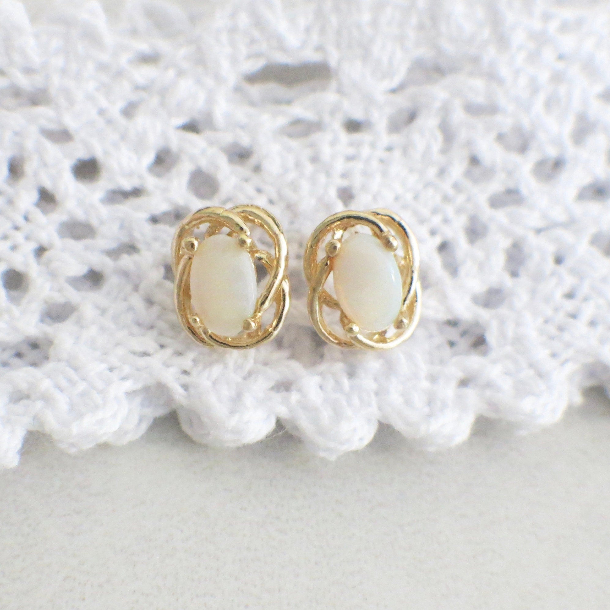 14K Yellow Gold White Opal Stud Earrings | Vintage Oval Cabochon Twist Design - Black Market LLC
