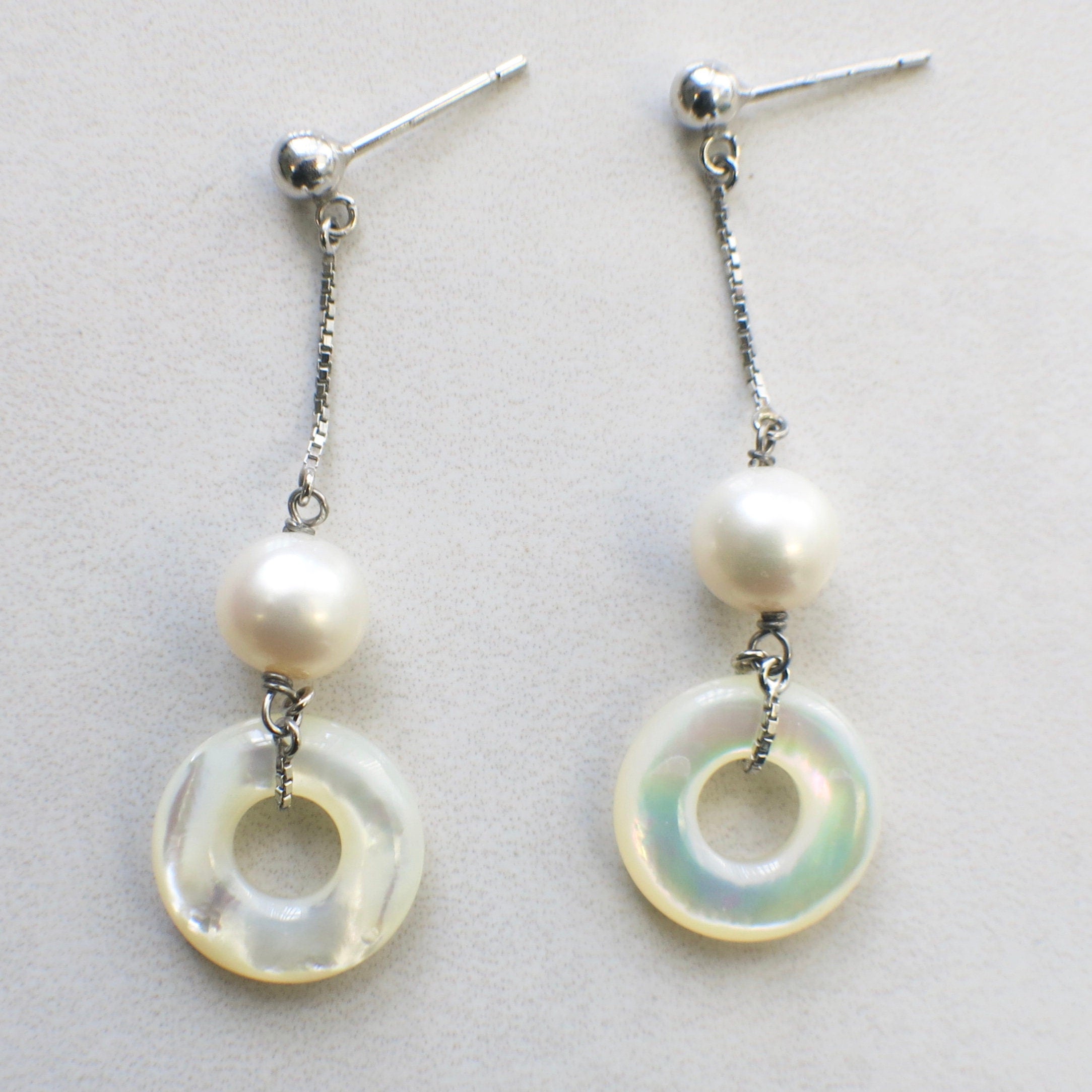 18K white gold pearl and mother of pearl dangle earrings with long drop chain, elegant jewelry by Black Market LLC