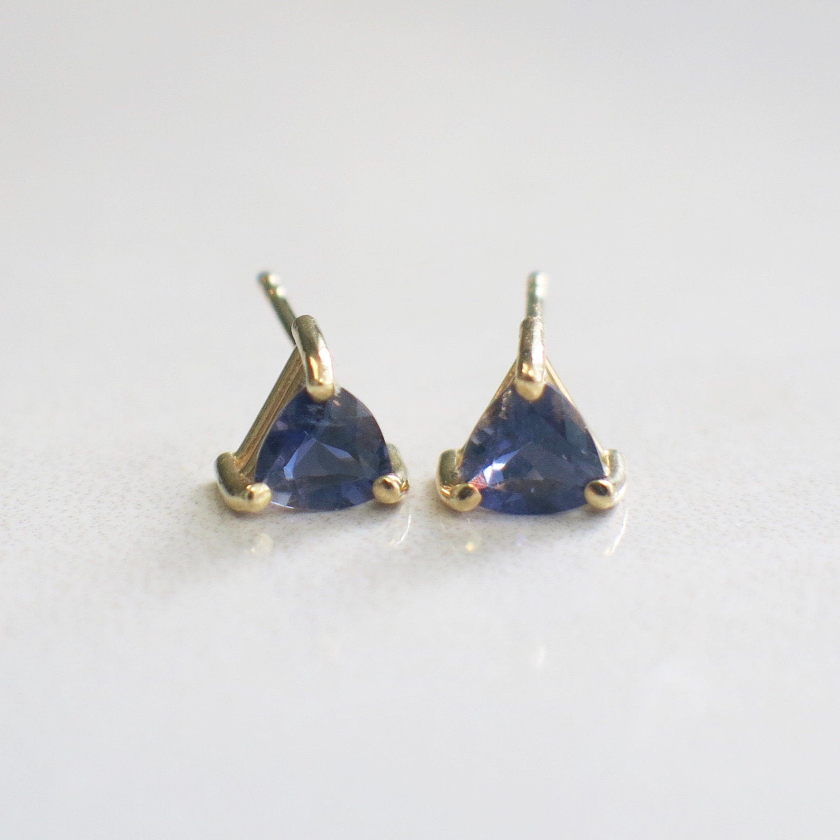 Trillion Violet Quartz Stud Earrings – 14K Yellow Gold, 5 mm Triangle Cut - Black Market LLC