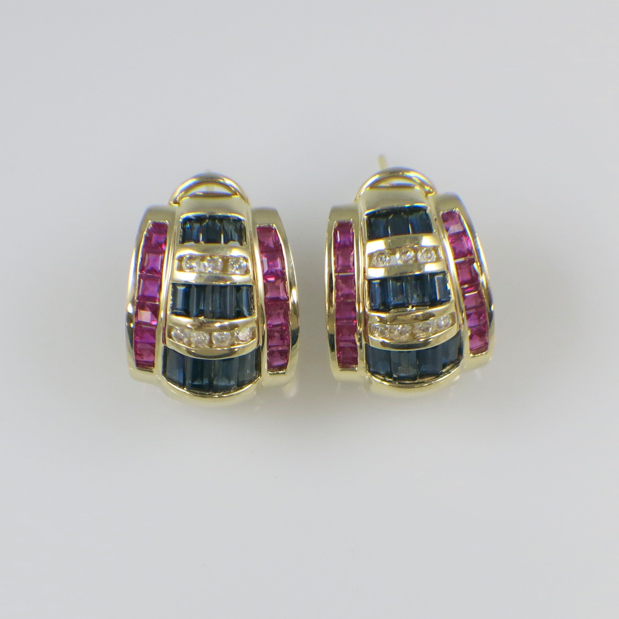Vintage 1980s Sapphire and Diamond Earrings in 14K Yellow Gold – Blue and Pink Sapphire Barrel Design - Black Market LLC