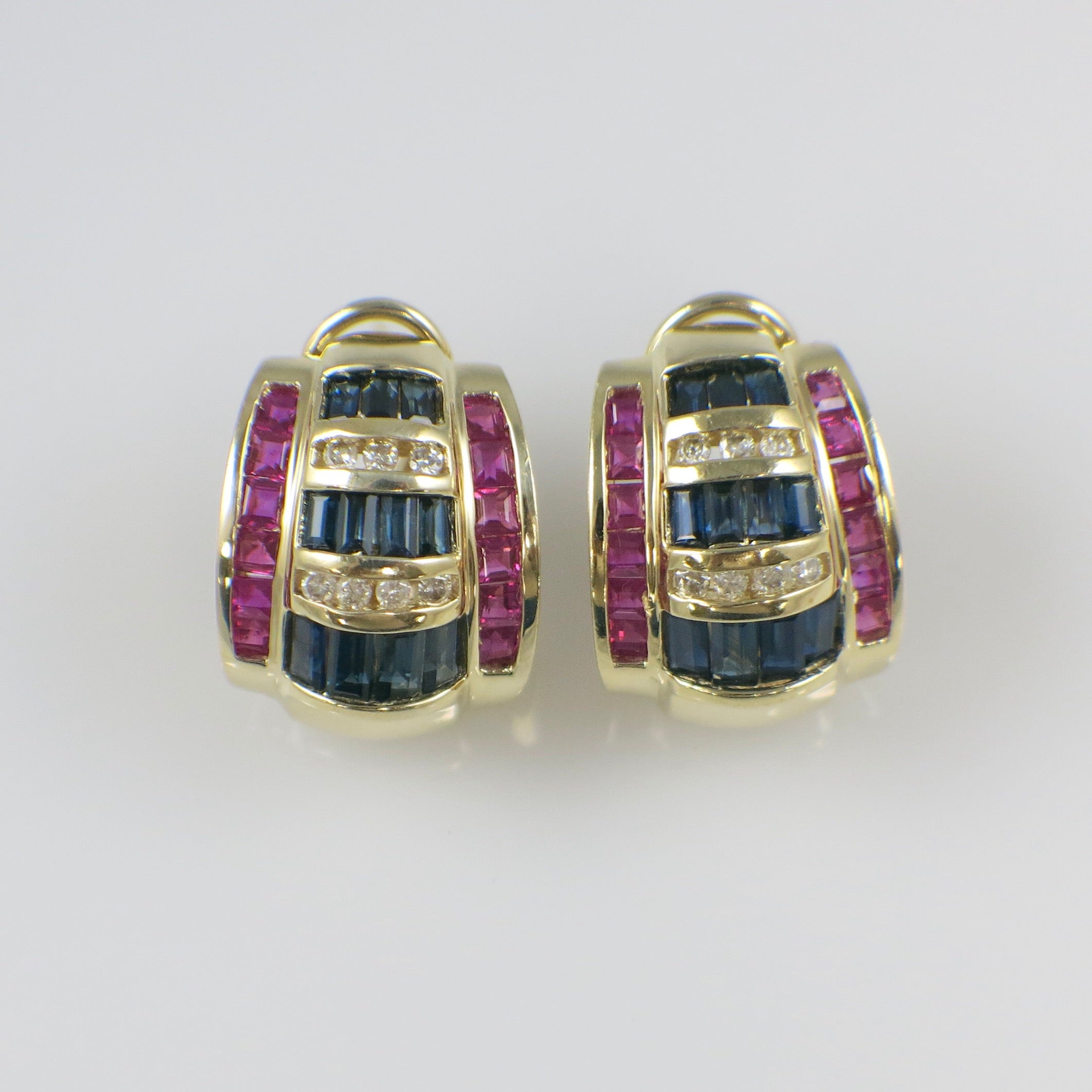 Vintage 1980s Sapphire and Diamond Earrings in 14K Yellow Gold – Blue and Pink Sapphire Barrel Design - Black Market LLC