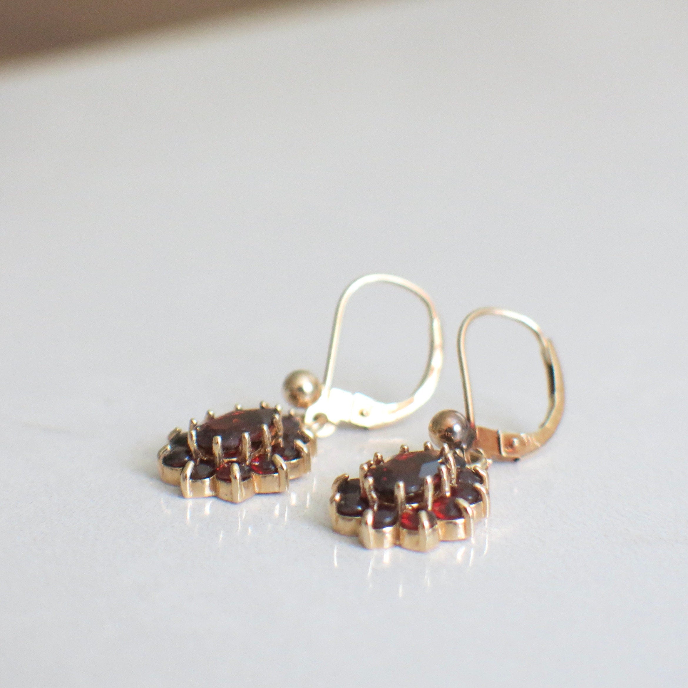 Vintage Garnet Dangle Earrings – 14K Yellow Gold Pear Halo Drop - Black Market LLC