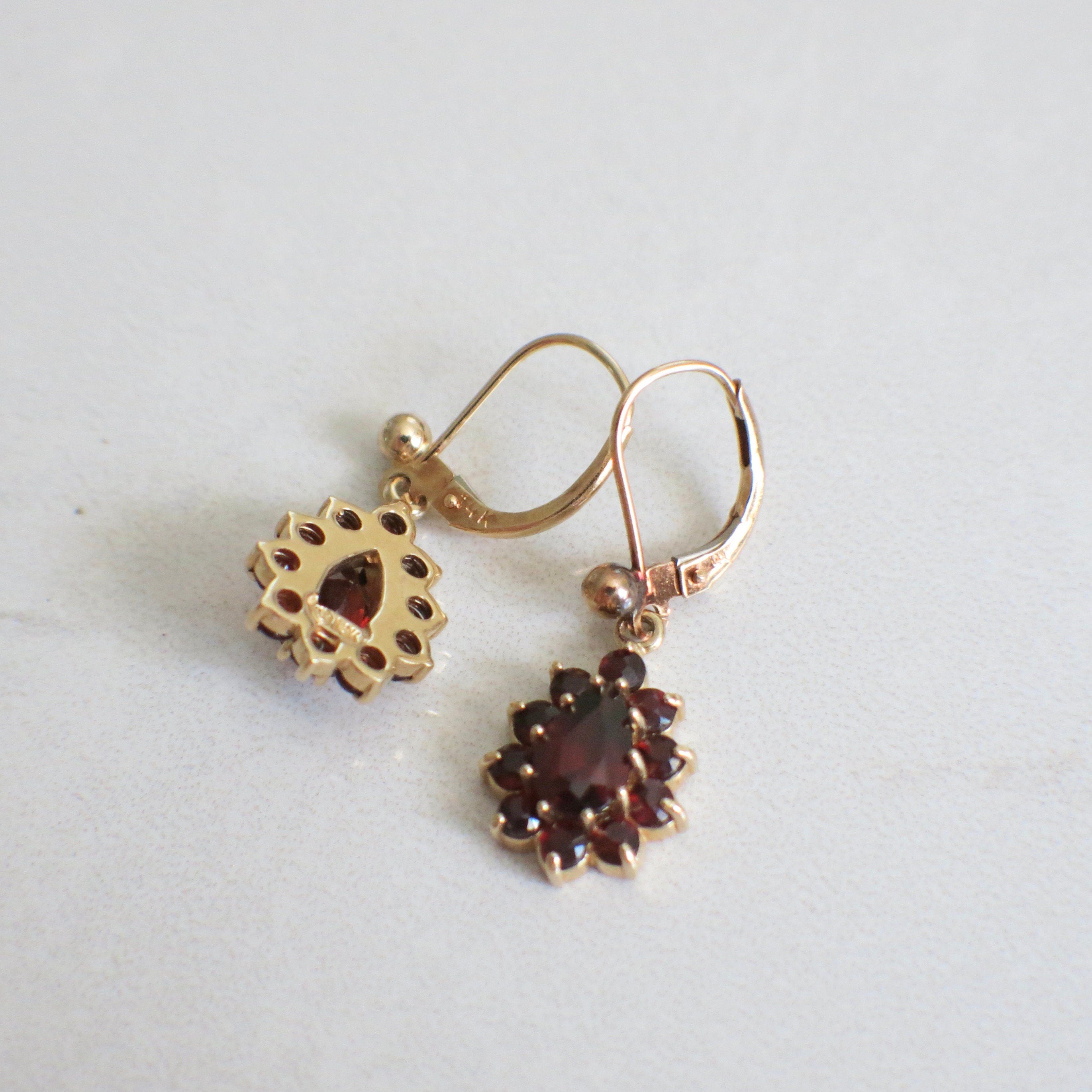 Vintage Garnet Dangle Earrings – 14K Yellow Gold Pear Halo Drop - Black Market LLC