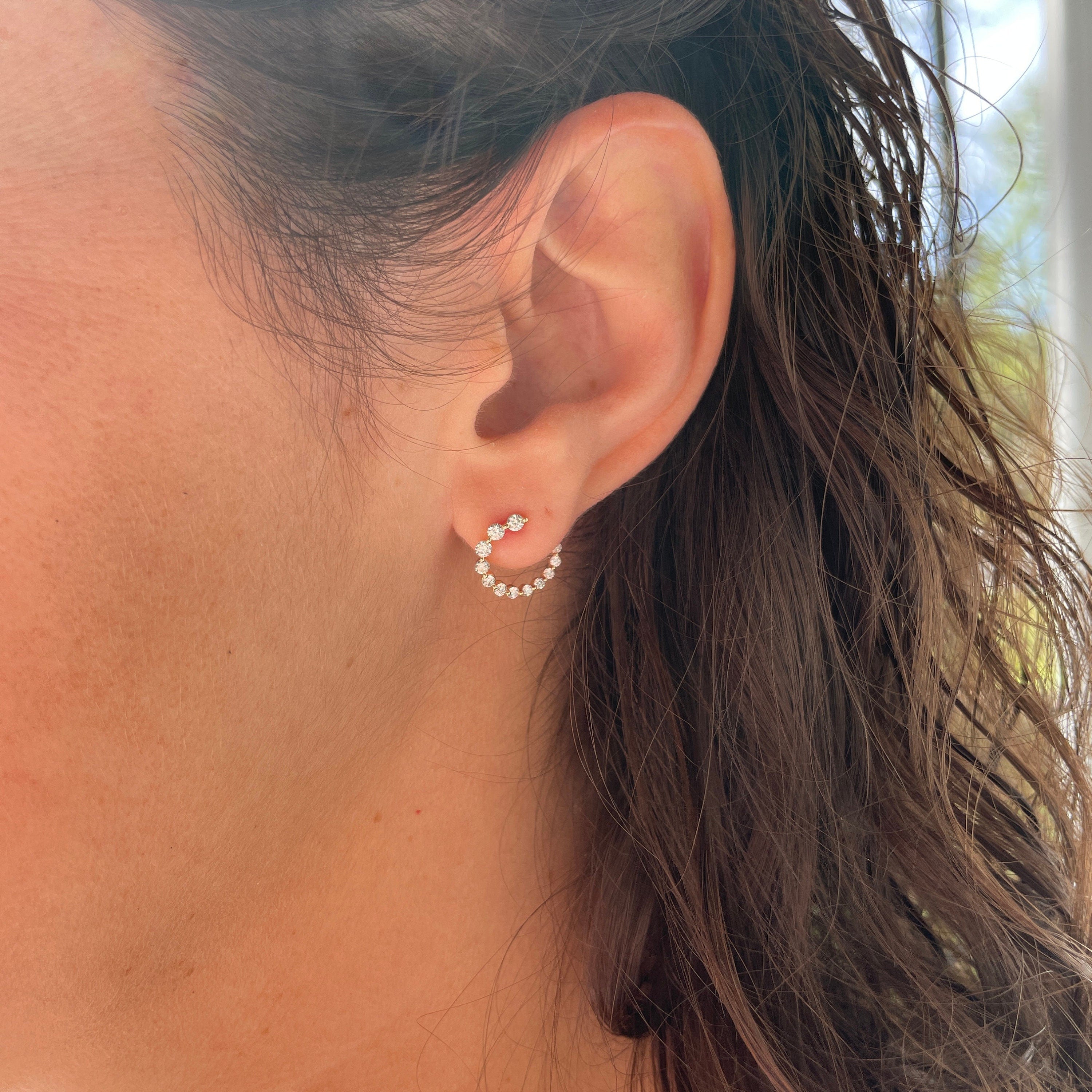 14K gold diamond hoop earrings with front-to-back dangle design in rose gold, available in yellow and white gold.