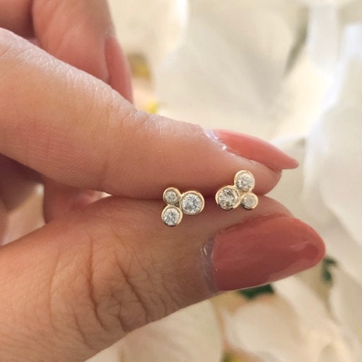 14K Gold Trio Diamond Stud Earrings | Bezel Cluster Dainty .21ctw - Black Market LLC