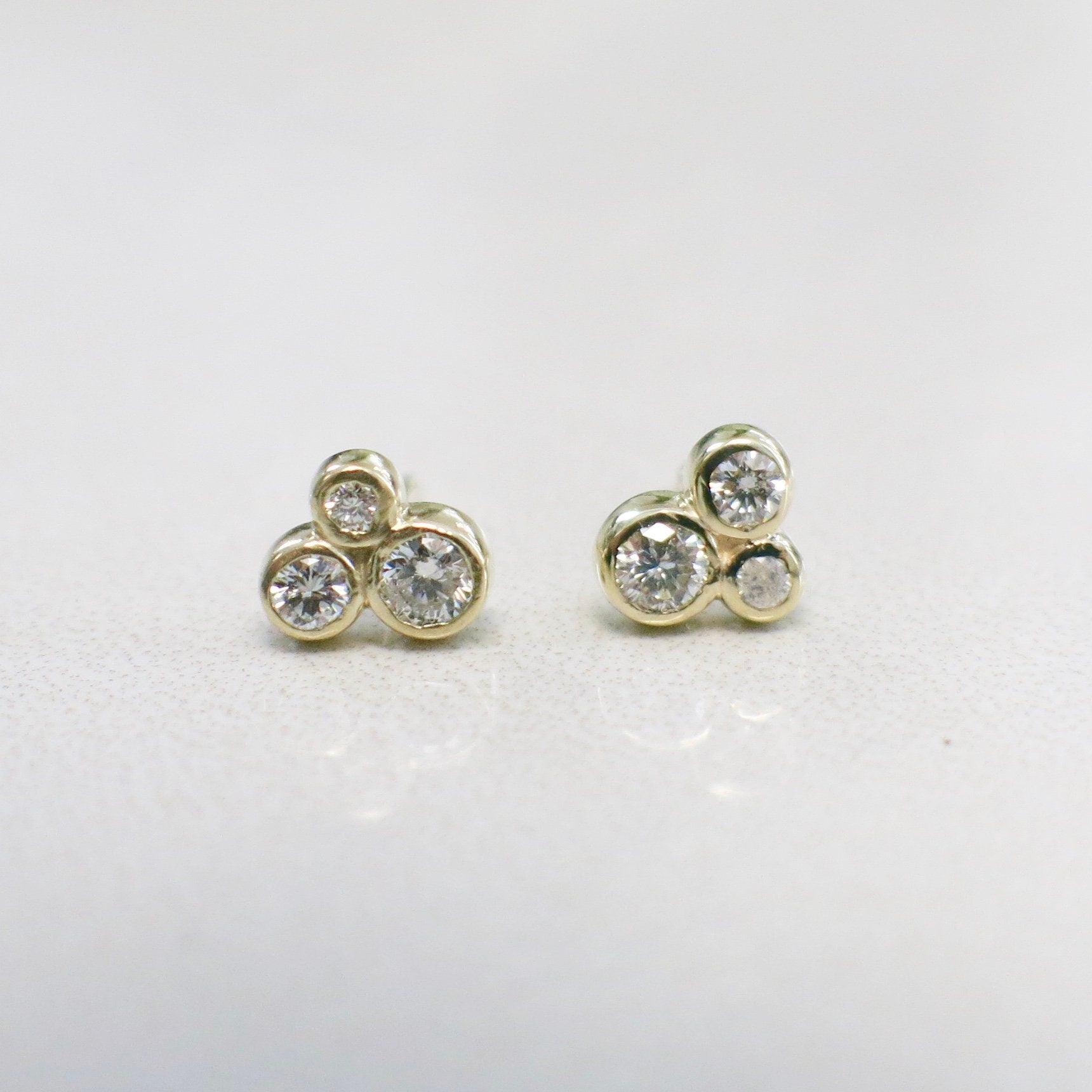 14K Gold Trio Diamond Stud Earrings | Bezel Cluster Dainty .21ctw - Black Market LLC
