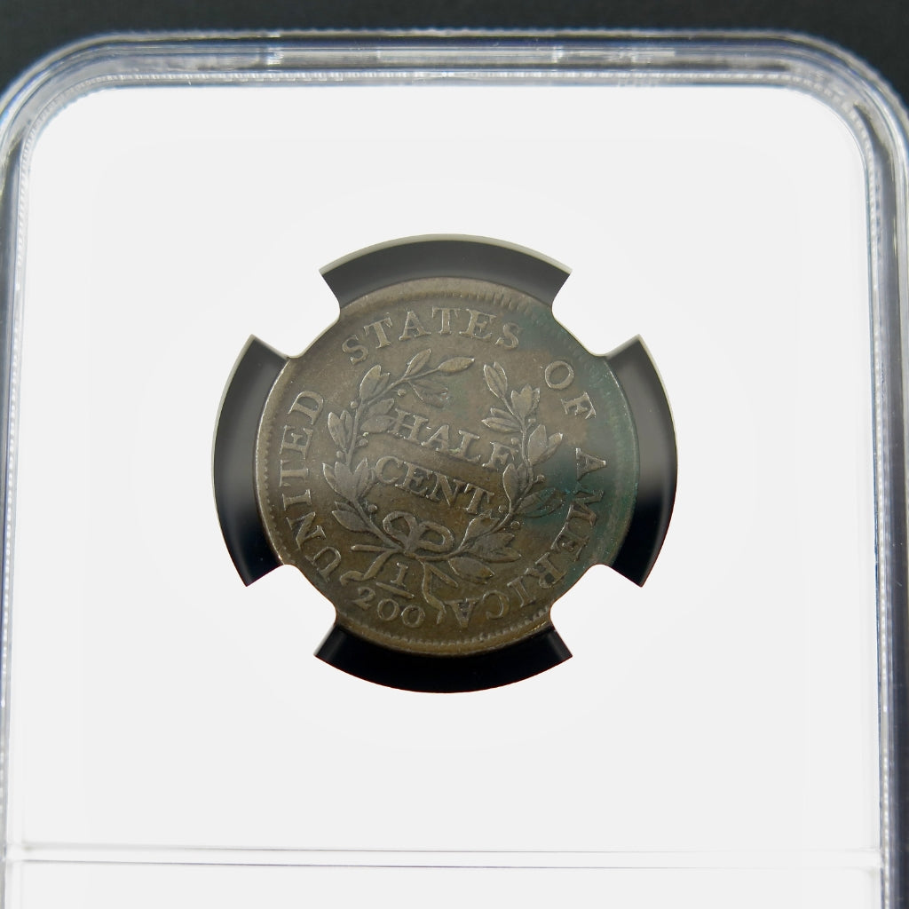 1804 Draped Bust Half Cent with spiked chin, graded VG details by NGC, showcasing the historic coin's design and wear.
