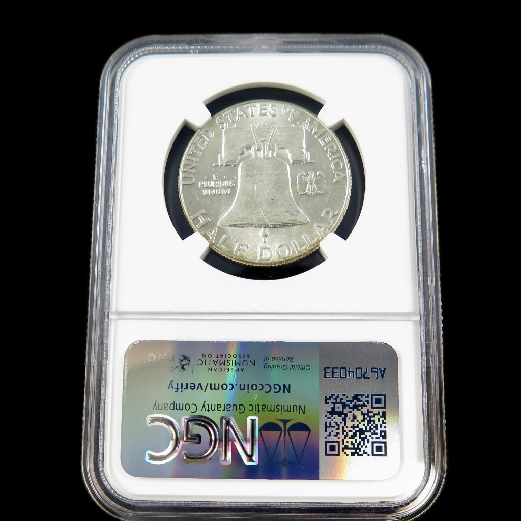 1951 Franklin Half Dollar featuring Bugs Bunny, AU58 grade, certified NGC silver coin, showcasing vintage U.S. half dollar design.