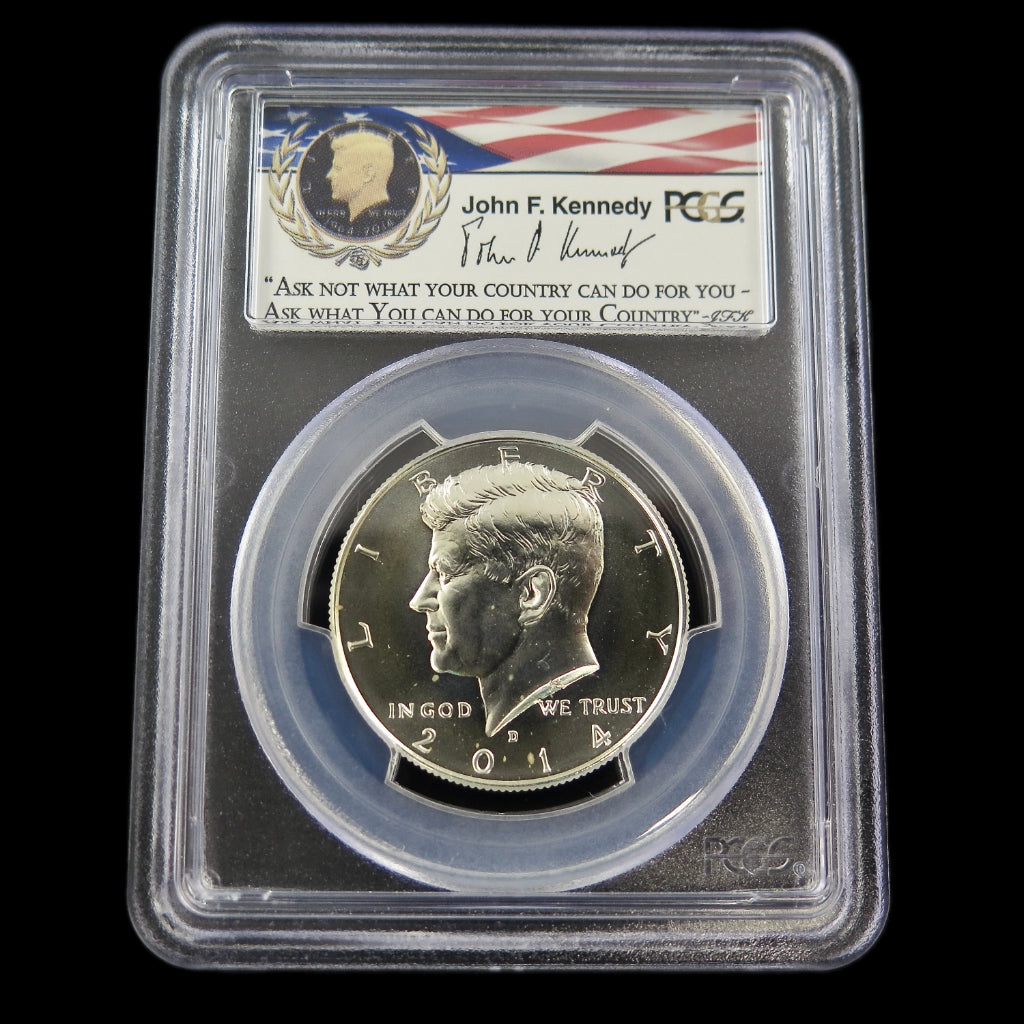 2014-D Kennedy Half Dollar PCGS MS70 First Strike 90% Silver 50th Anniversary issue, showcasing detailed obverse and reverse images.