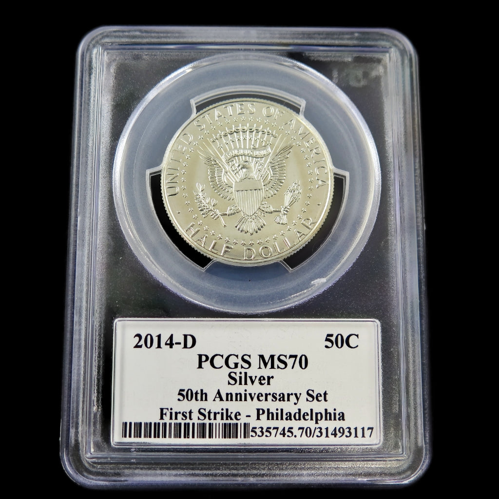 2014-D Kennedy Half Dollar in PCGS MS70 First Strike grade, 90% silver, 50th anniversary issue, featuring detailed coin design.