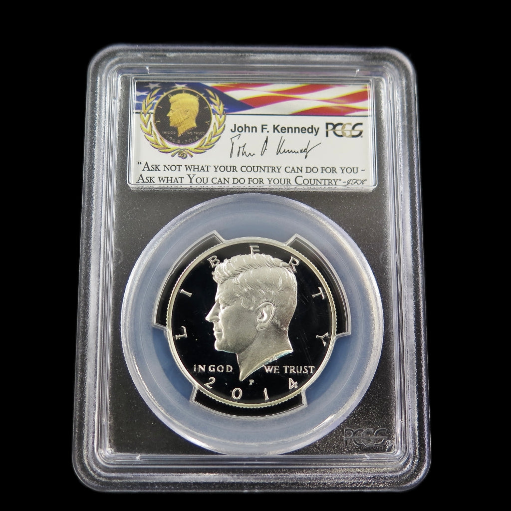 2014-P Kennedy Half Dollar PCGS PR70DCAM silver proof coin, 50th Anniversary issue, featuring detailed obverse and reverse designs.
