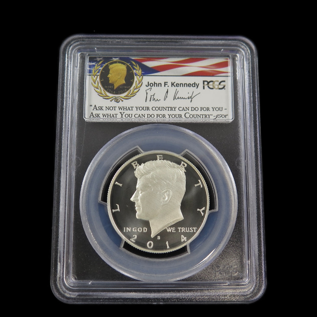 2014-S Kennedy Half Dollar PCGS MS70PL First Strike 50th Anniversary prooflike coin, black and silver with detailed design features.