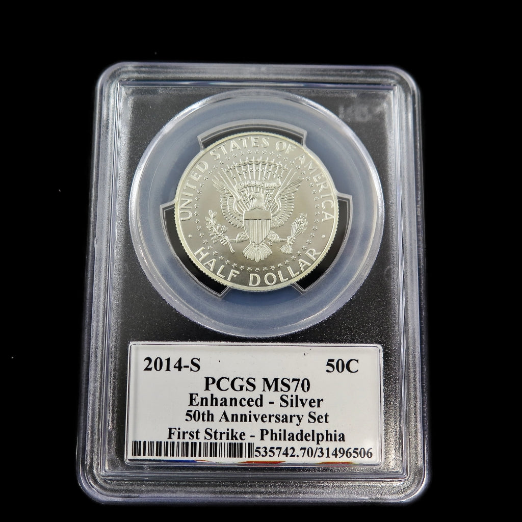 2014-S Kennedy Half Dollar PCGS MS70PL First Strike 50th Anniversary prooflike coin with detailed design and reflective surface