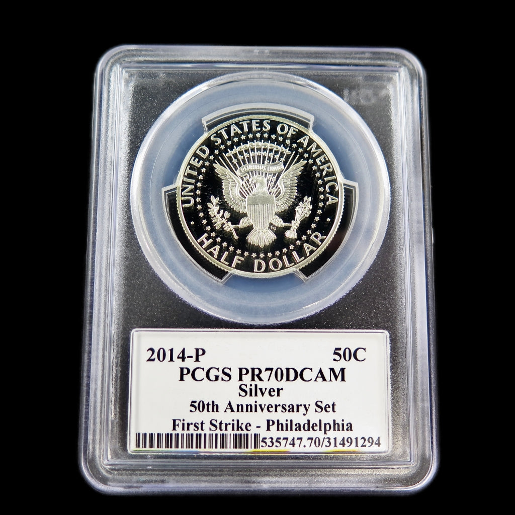 2014-W Kennedy Half Dollar reverse proof silver coin, PCGS PR70 First Strike, 50th Anniversary, issued by Black Market LLC