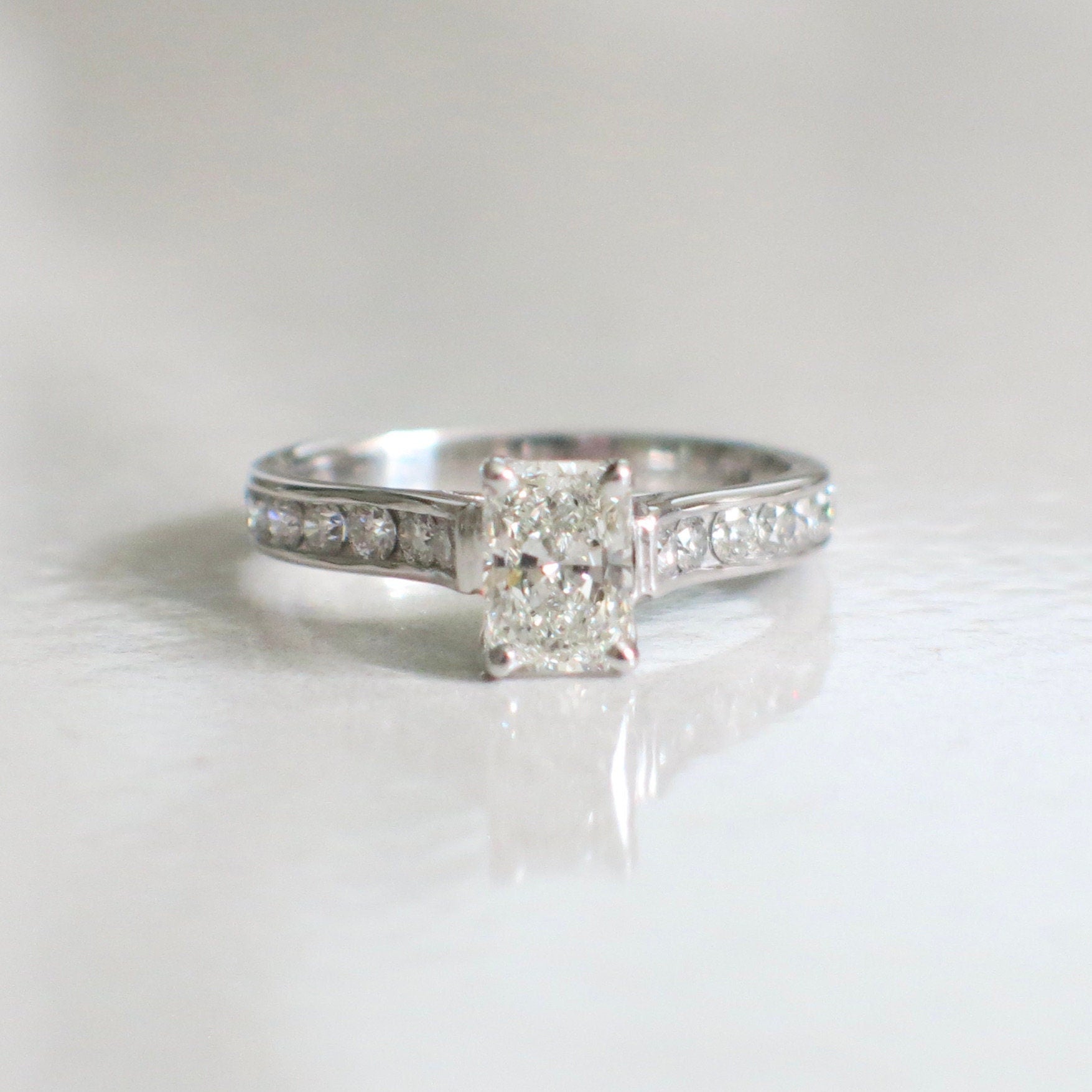 14K White Gold Radiant Cut Diamond Engagement Ring – 1.61 CTW, Channel Set Cathedral Style, Size 7.5 - Black Market LLC