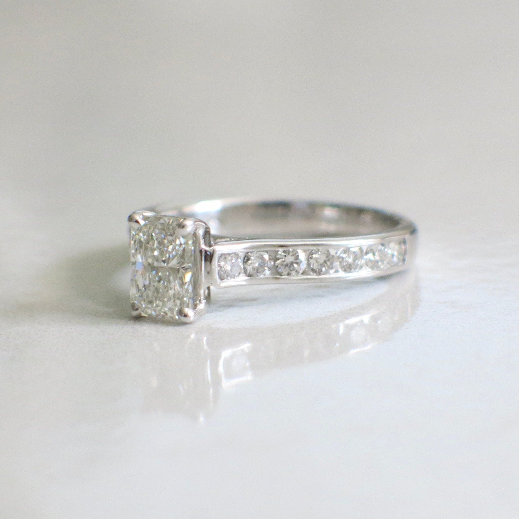 14K White Gold Radiant Cut Diamond Engagement Ring – 1.61 CTW, Channel Set Cathedral Style, Size 7.5 - Black Market LLC