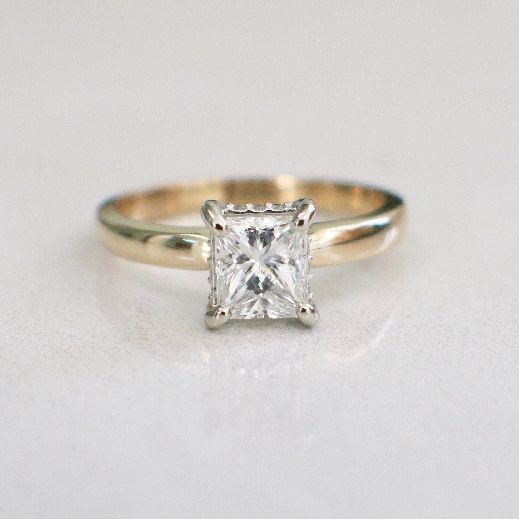 GIA 1.00ct Rectangular Emerald Modified Brilliant Diamond Engagement Ring | 14K Two-Tone Gold Solitaire with Accents Size 6 - Black Market LLC