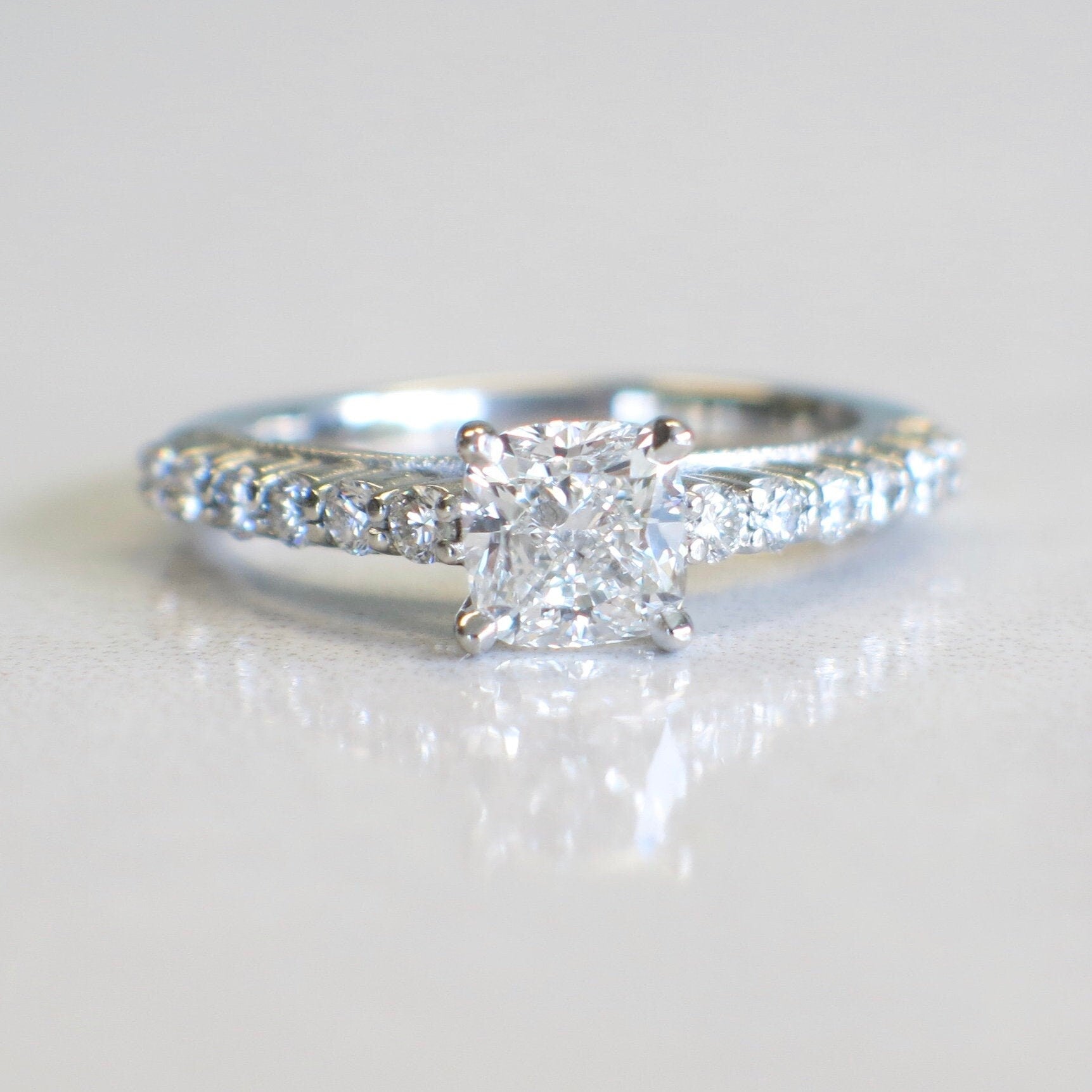 GIA Cushion Cut Diamond Engagement Ring Platinum 1.01ct Center Milgrain Accent Band 1.38ctw Size 5.5 Certified SI1 G - Black Market LLC